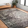 Traditional Black Grey Floral Distressed Rug 92 X 127