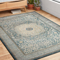 Traditional Blue Beige Medallion Border Rug 67 X 92