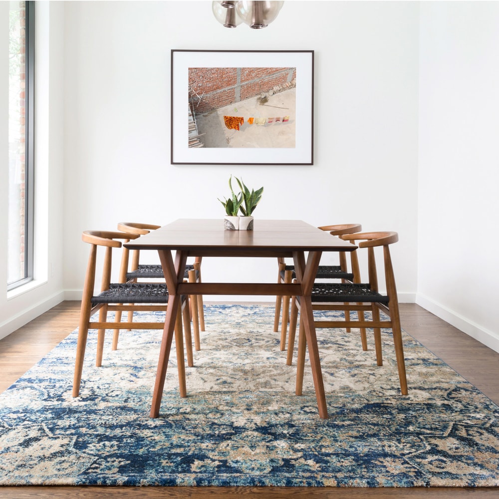 Traditional Blue Ivory Medallion Distressed Rug 12 X 15