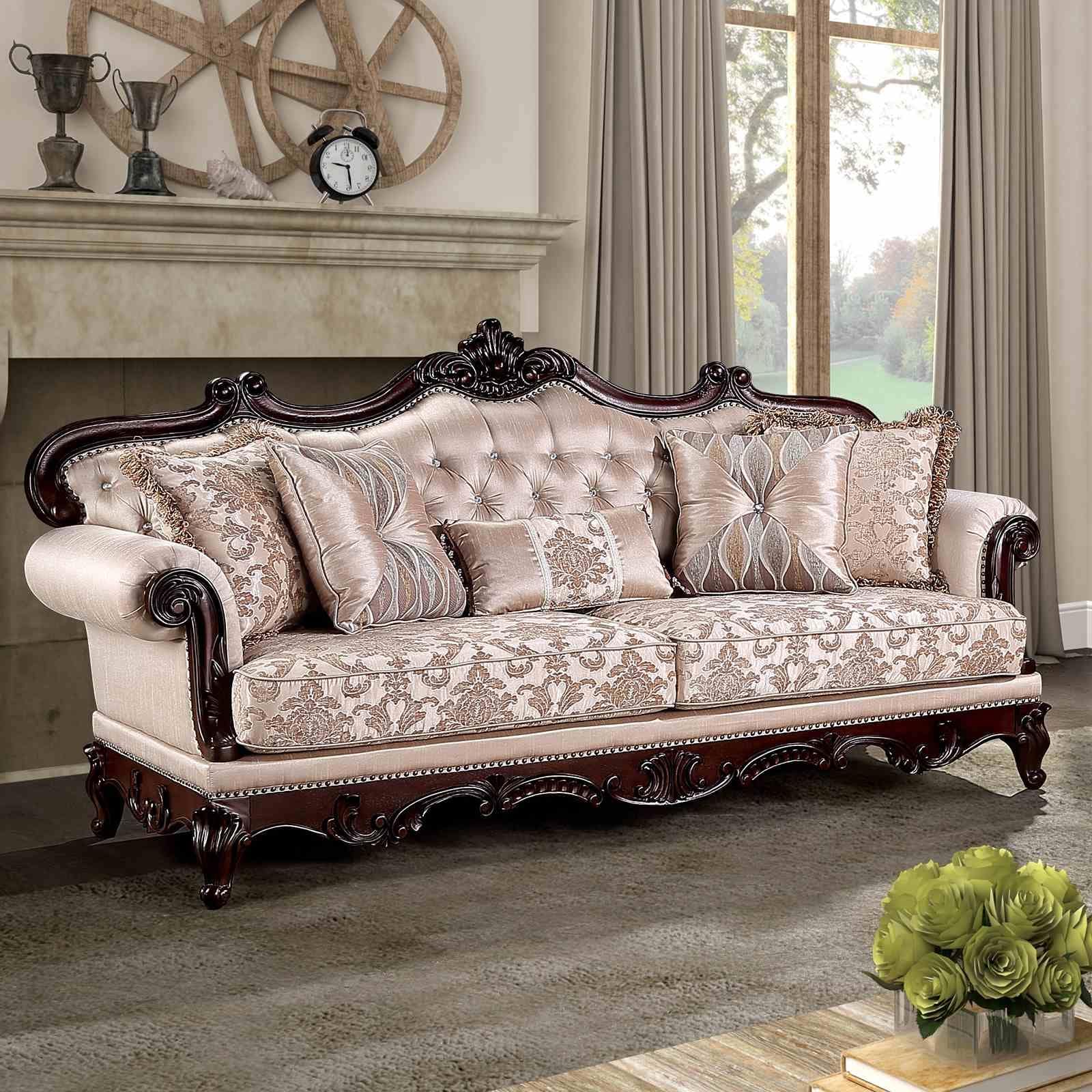 Traditional Brown Finish Carved Details Rolled Arms Nailhead Trim 1Pc Sofa