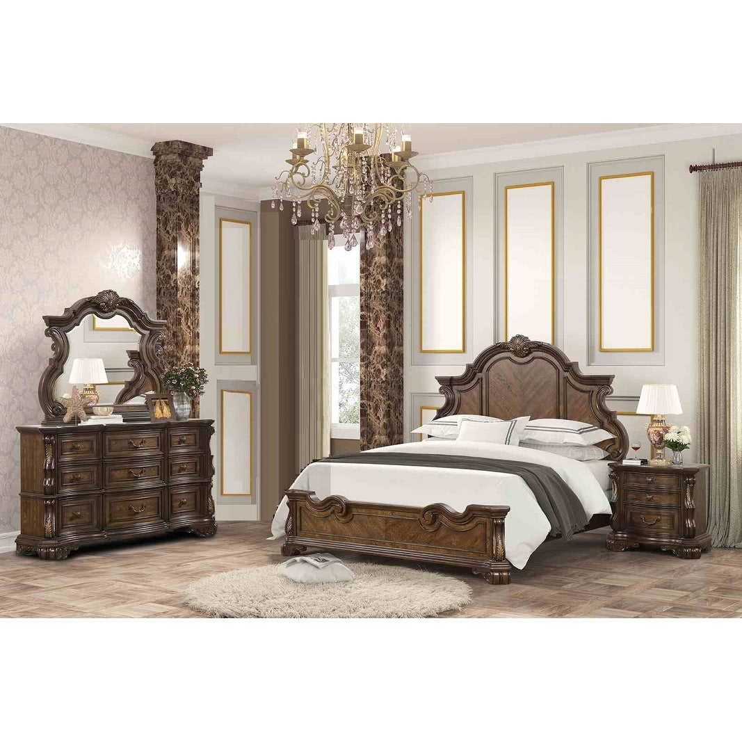 Traditional Dark Brown Finish 4Pc Bedroom Set With Headboard Usb Charging Nightstand
