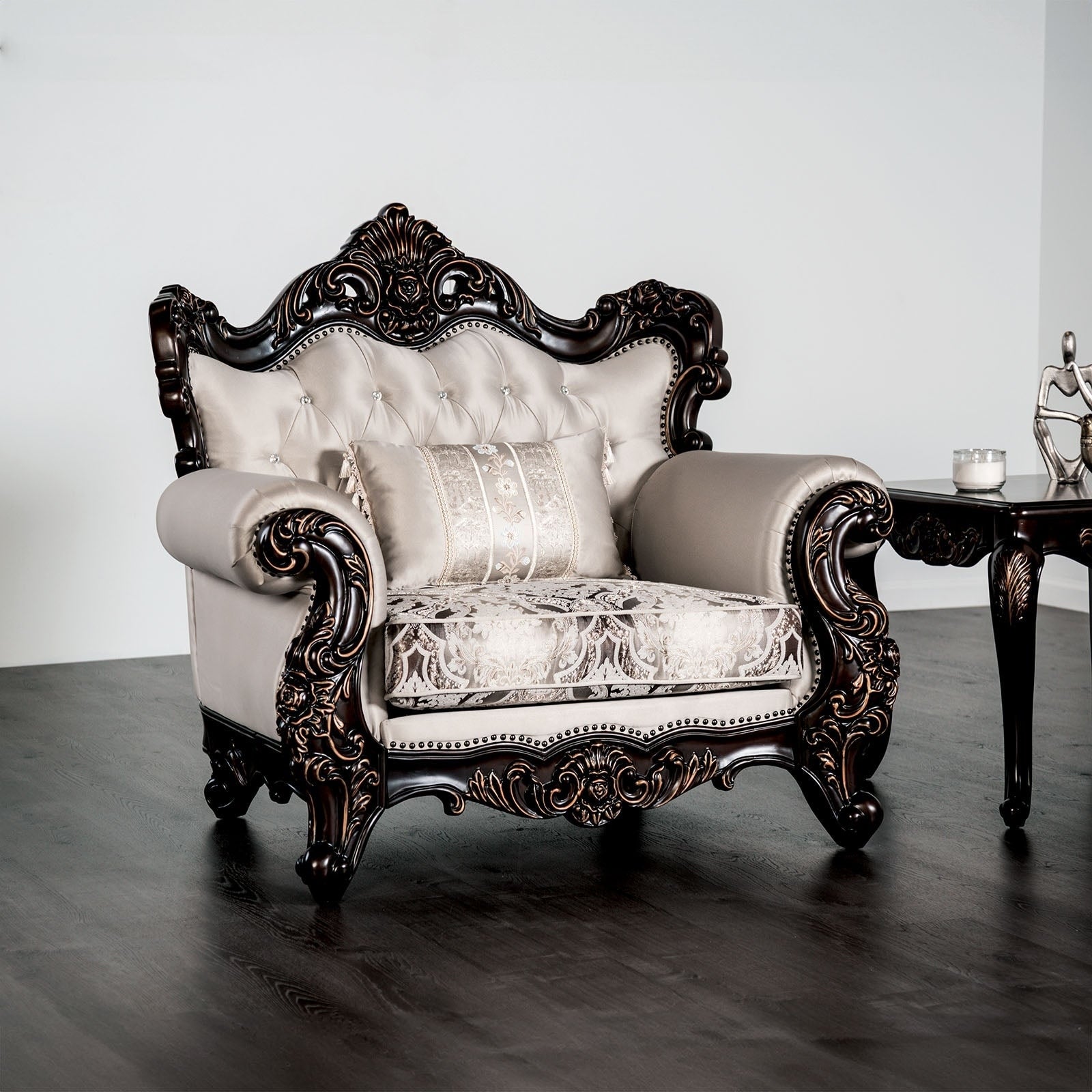 Traditional Dark Cherry Beige Finish 1Pc Button Tufted Carved Details Chair