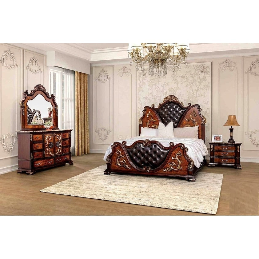 Traditional Dark Cherry Finish Tufted Solid Wood Bedroom Set