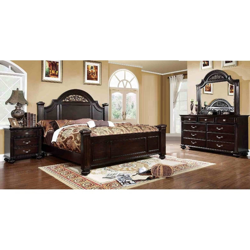 Traditional Dark Walnut Finish 4Pc Bedroom Collection Bed Nightstand Dresser Mirror With Floral Headboard