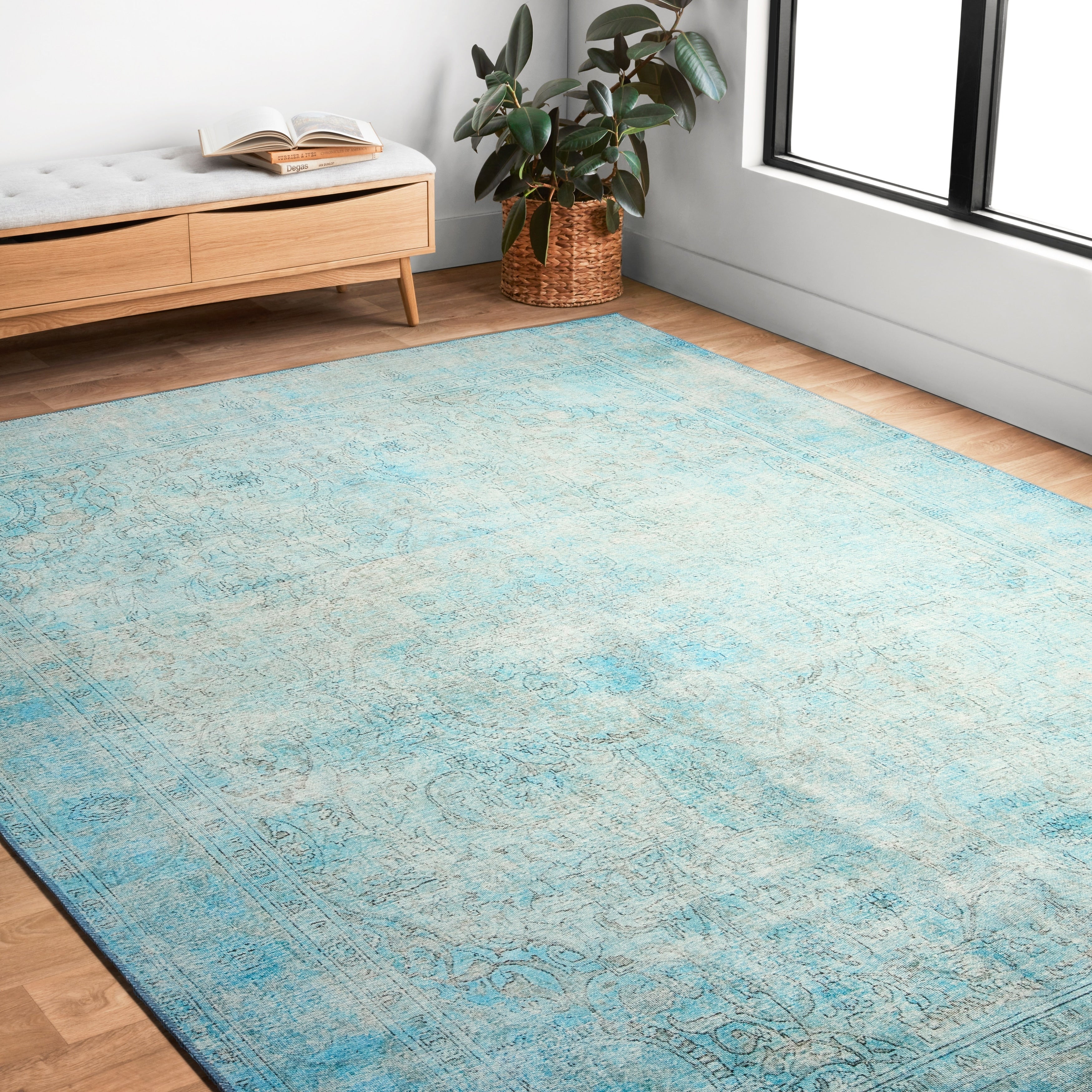 Traditional Distressed Aqua Blue Printed Rug 76 X 96 76 X 96