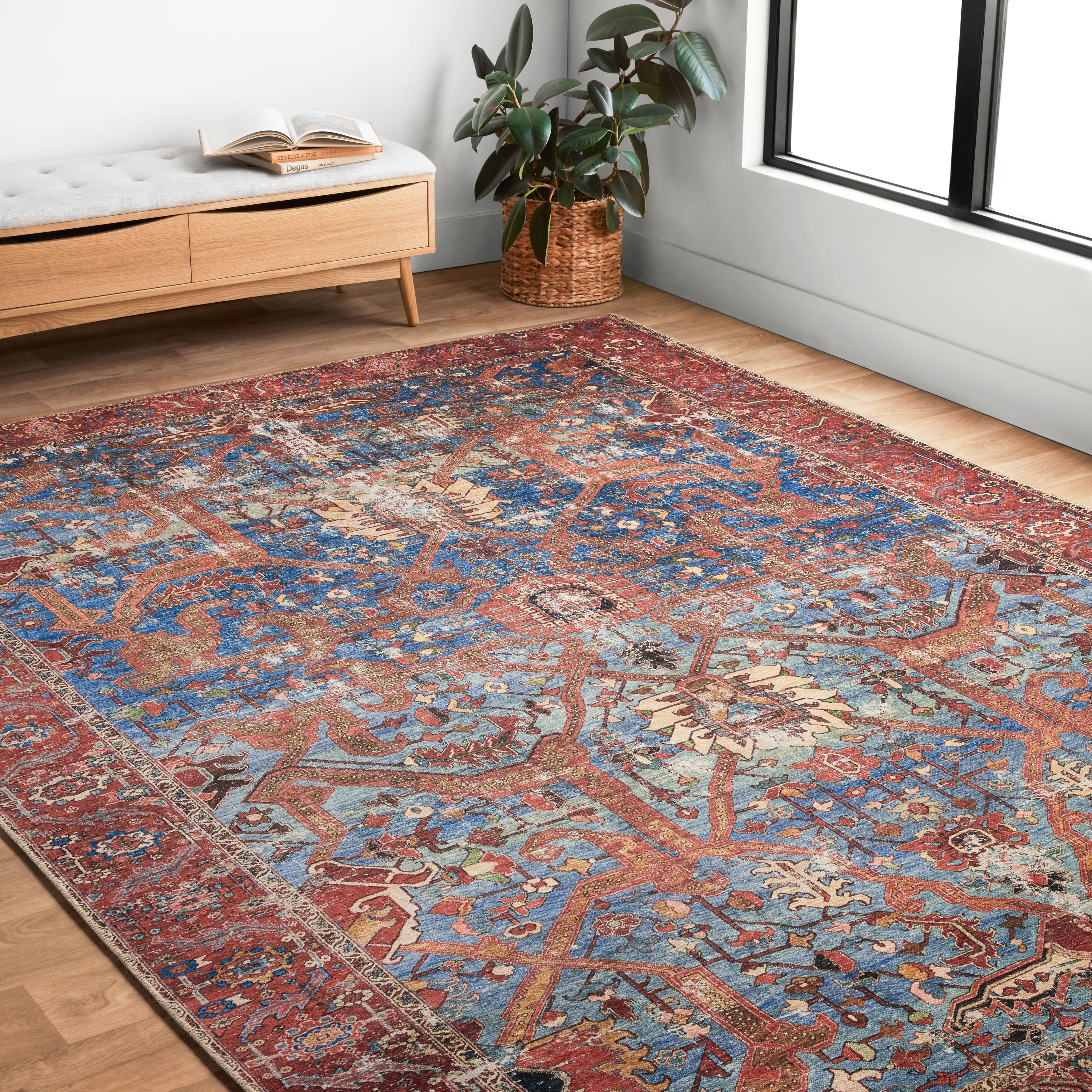 Traditional Distressed Blue Red Printed Area Rug 76 X 96