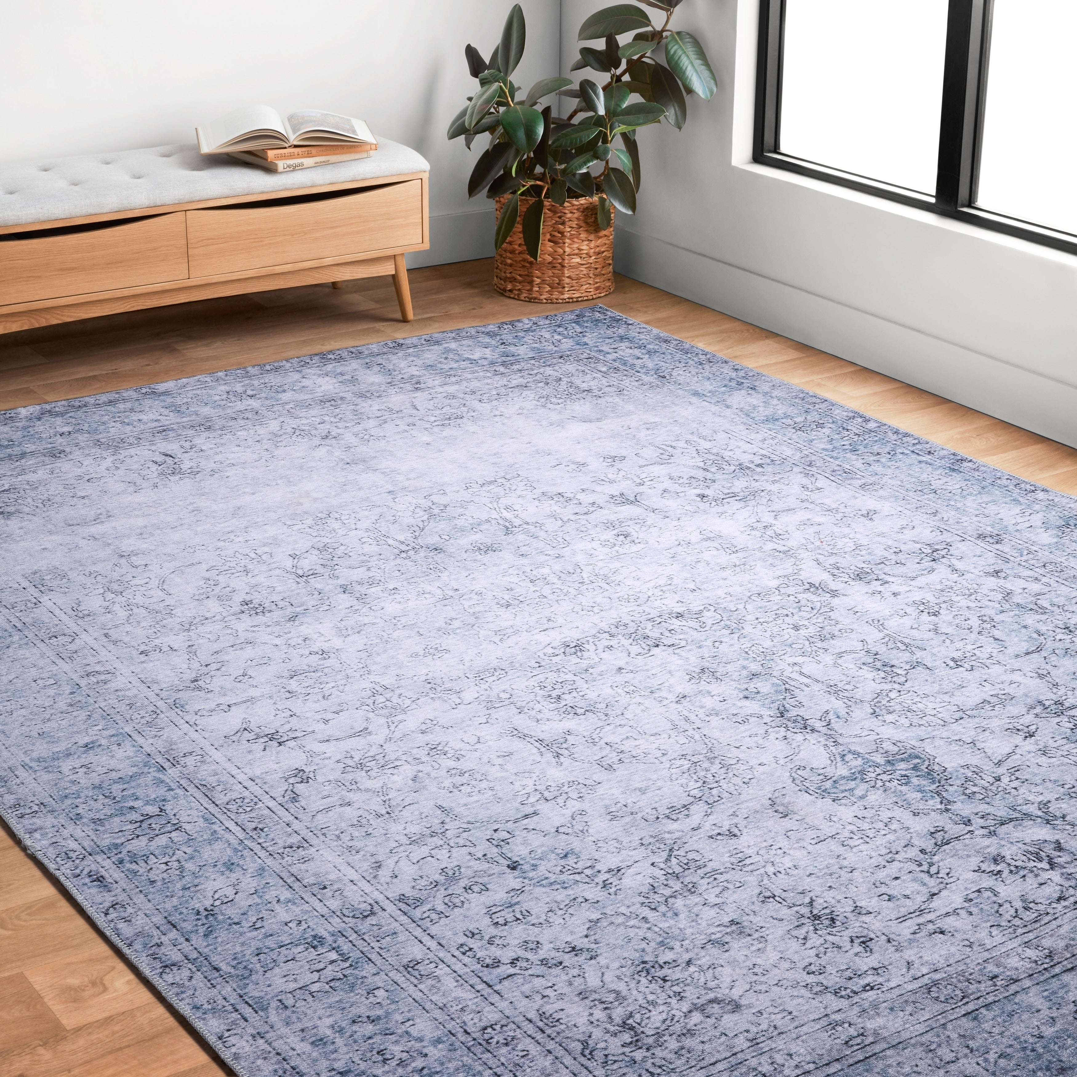 Traditional Distressed Slate Blue Printed Rug 76 X 96 76 X 96