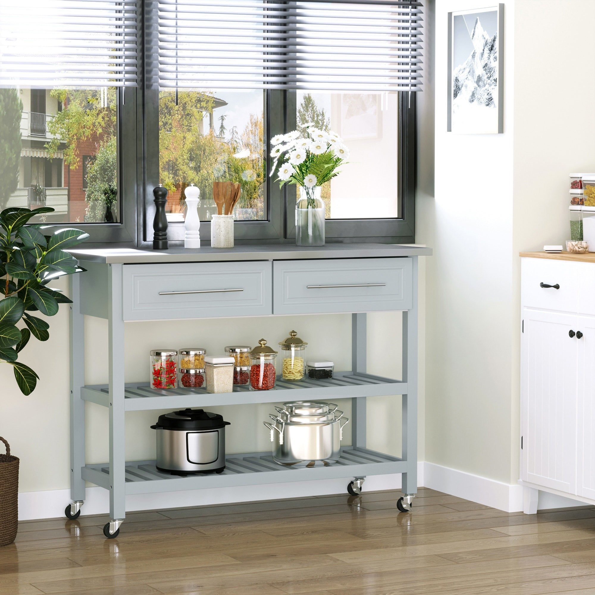 Traditional Kitchen Island With Stainless Steel Top Dining Room Kitchen Cart With 2 Tier Open Shelves