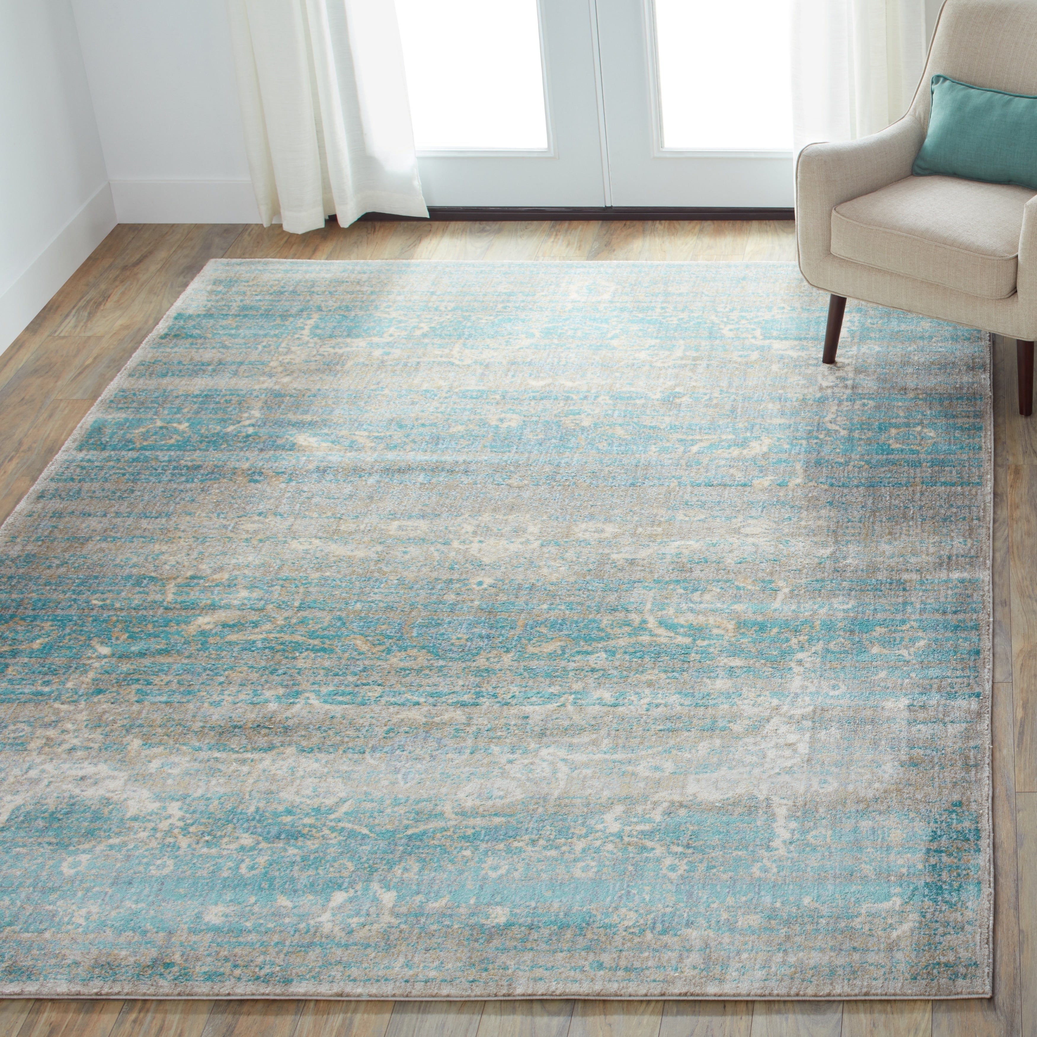 Traditional Light Blue Mist Floral Distressed Rug 12 X 15