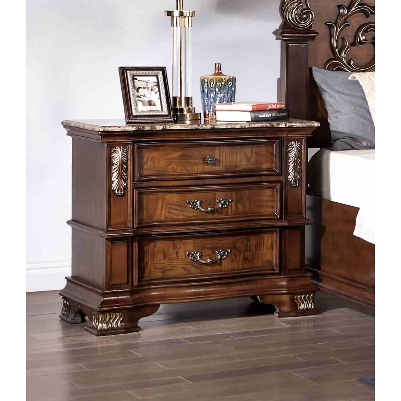 Traditional Nightstand Brown Cherry Finish With Marble Top
