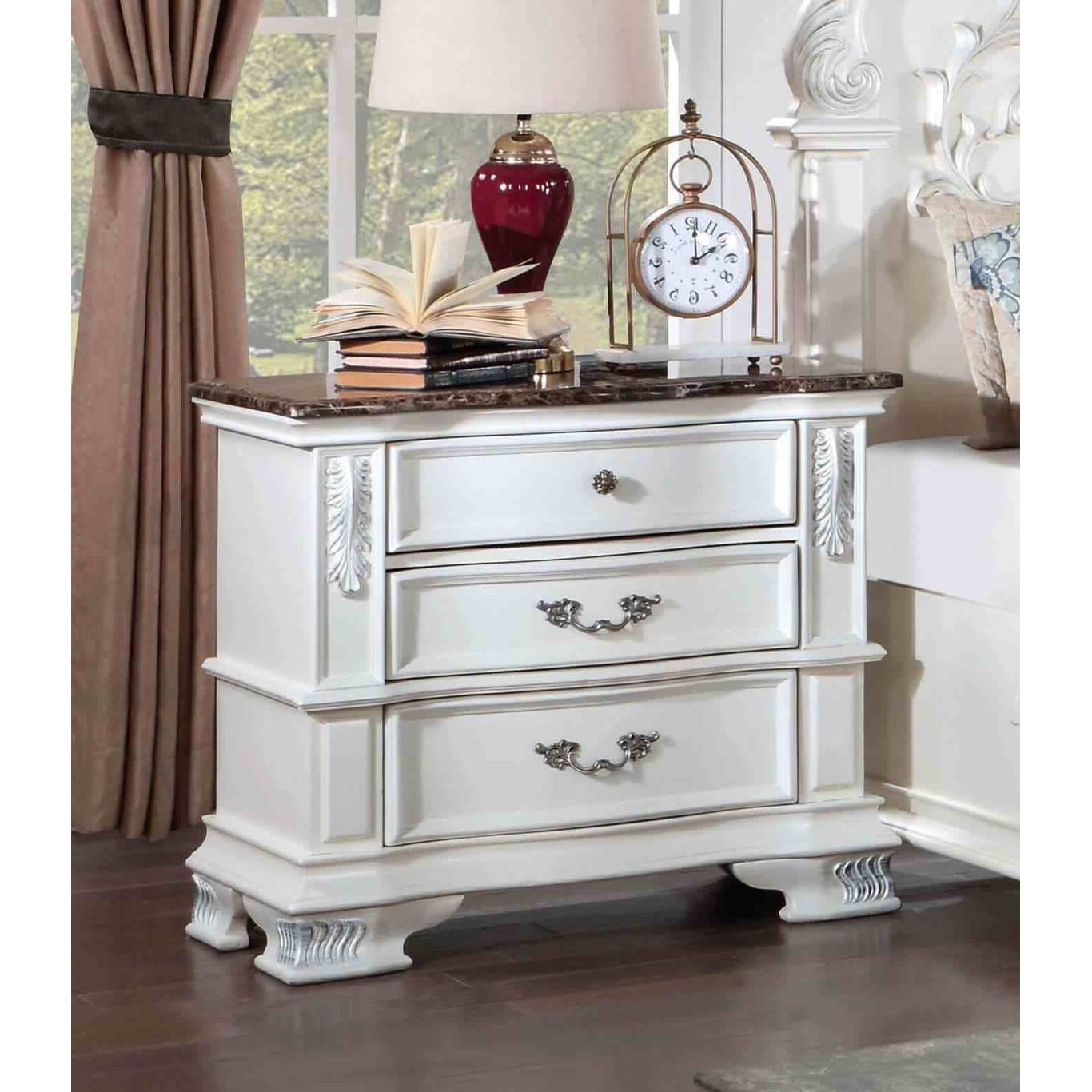 Traditional Nightstand Pearl White Finish With Marble Top