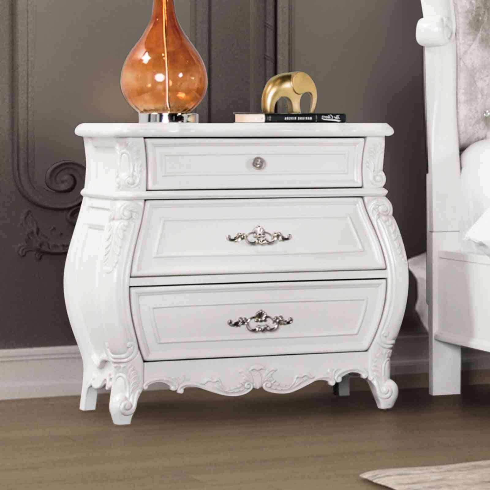 Traditional Nightstand White Finish With Carved Detail Dustproof Drawers