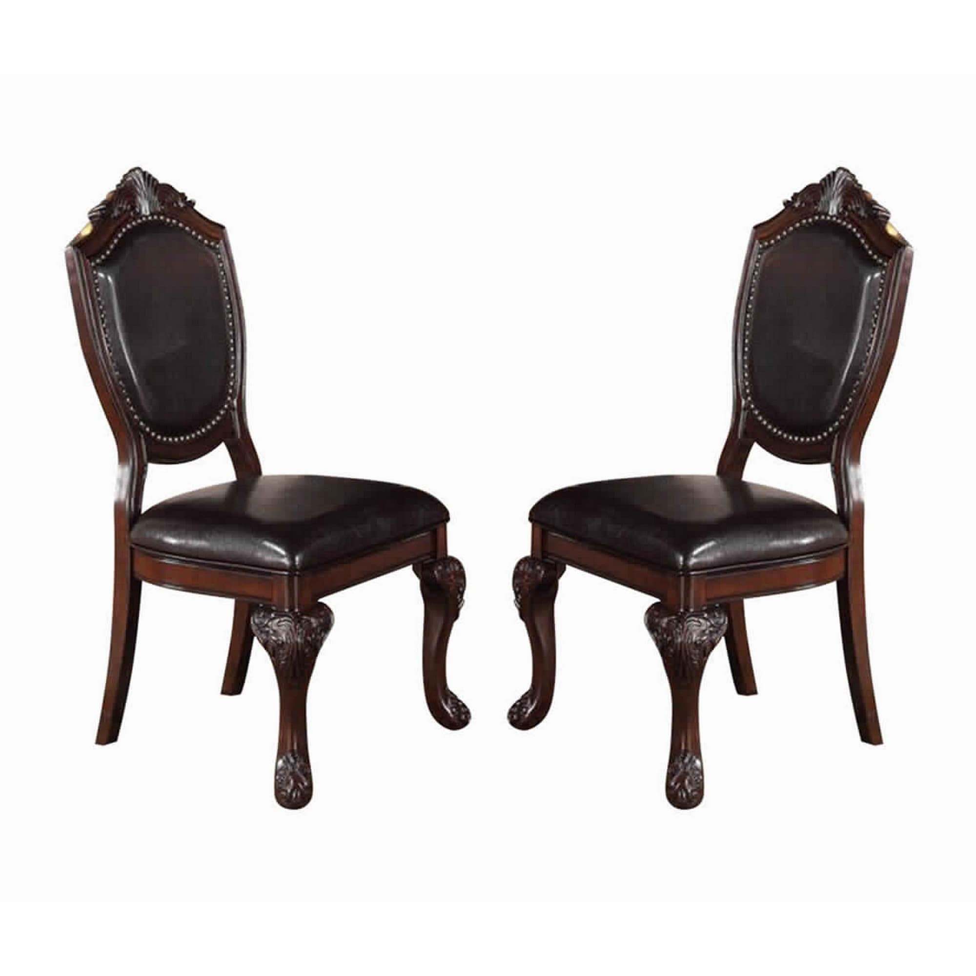Traditional Rubber Wood Dining Chair With Faux Leather Upholstery Set Of 2 Brown