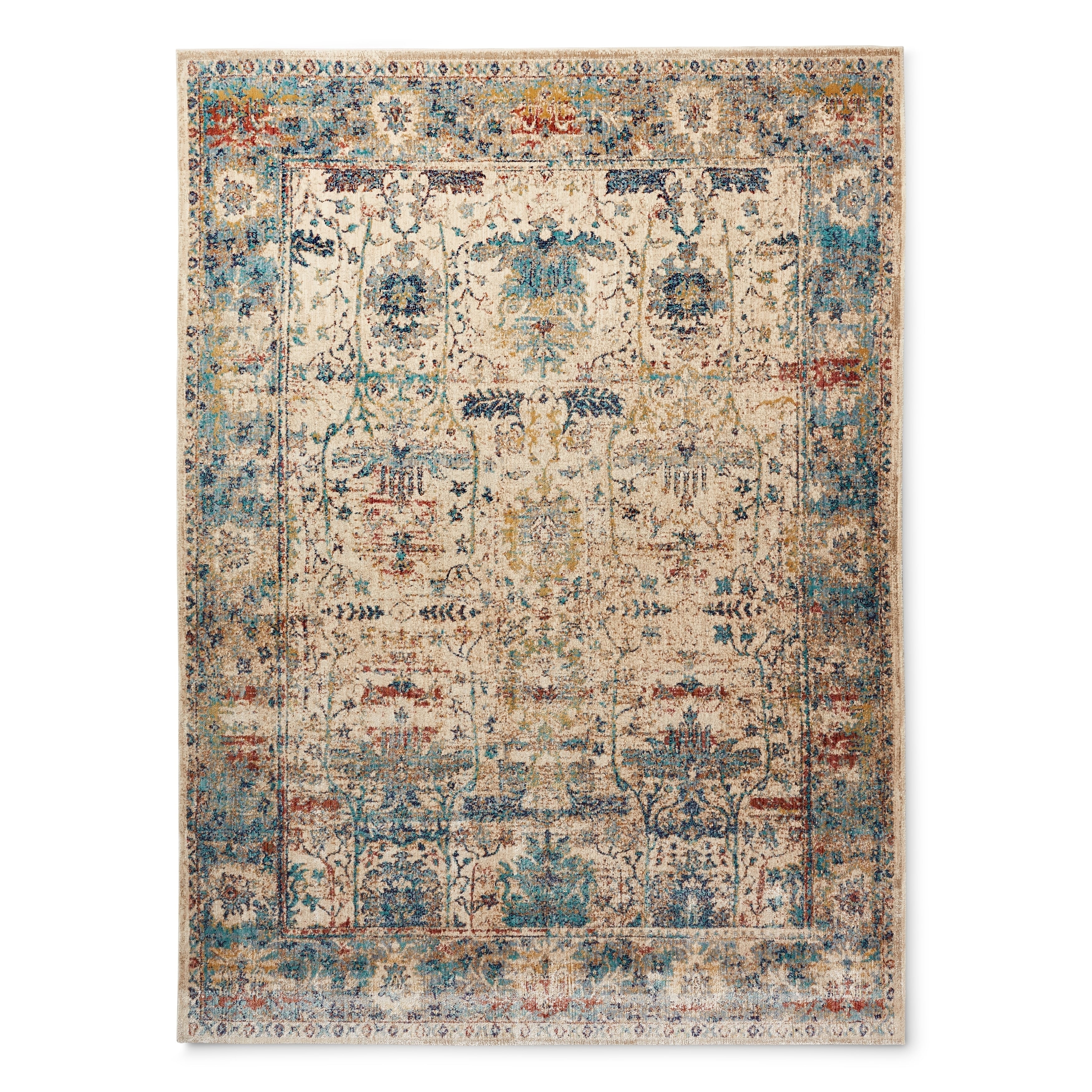 Traditional Sand Light Blue Floral Distressed Rug 12 X 15