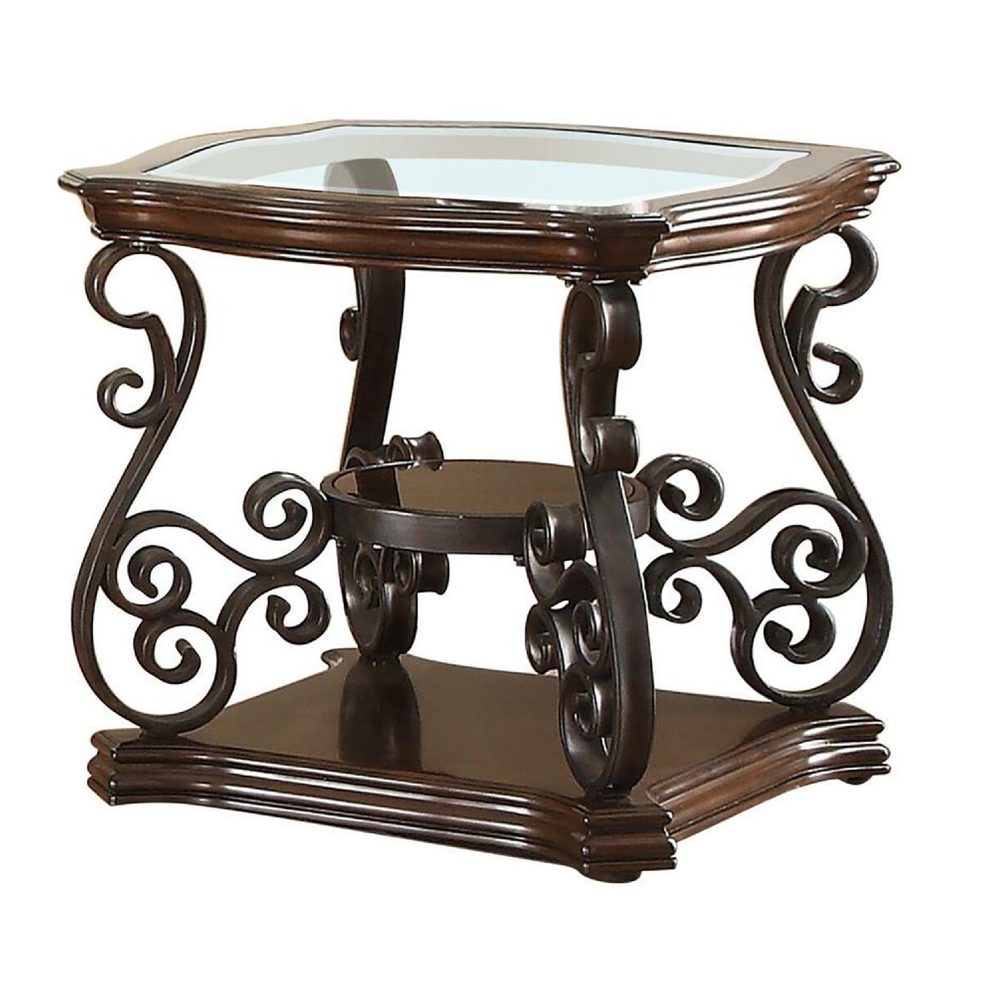 Traditional Solid End Table With Glass Inset Metal Scrolls 2 Shelves Brown