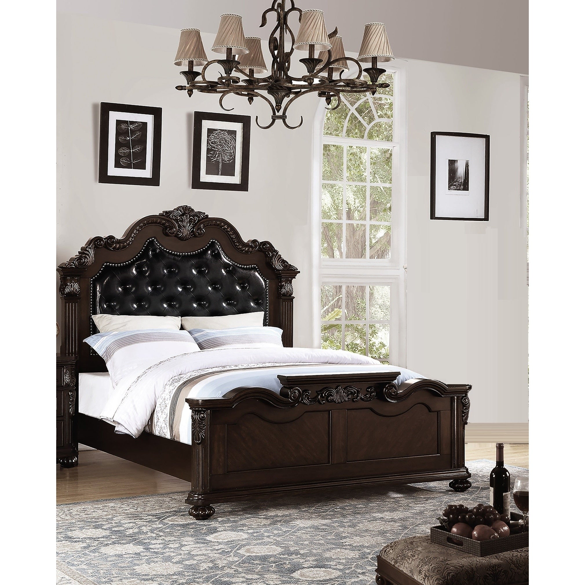 Traditional Style 1Pc Bed Set Tufted Headboard Nailhead Trim Antique Cherry Finish