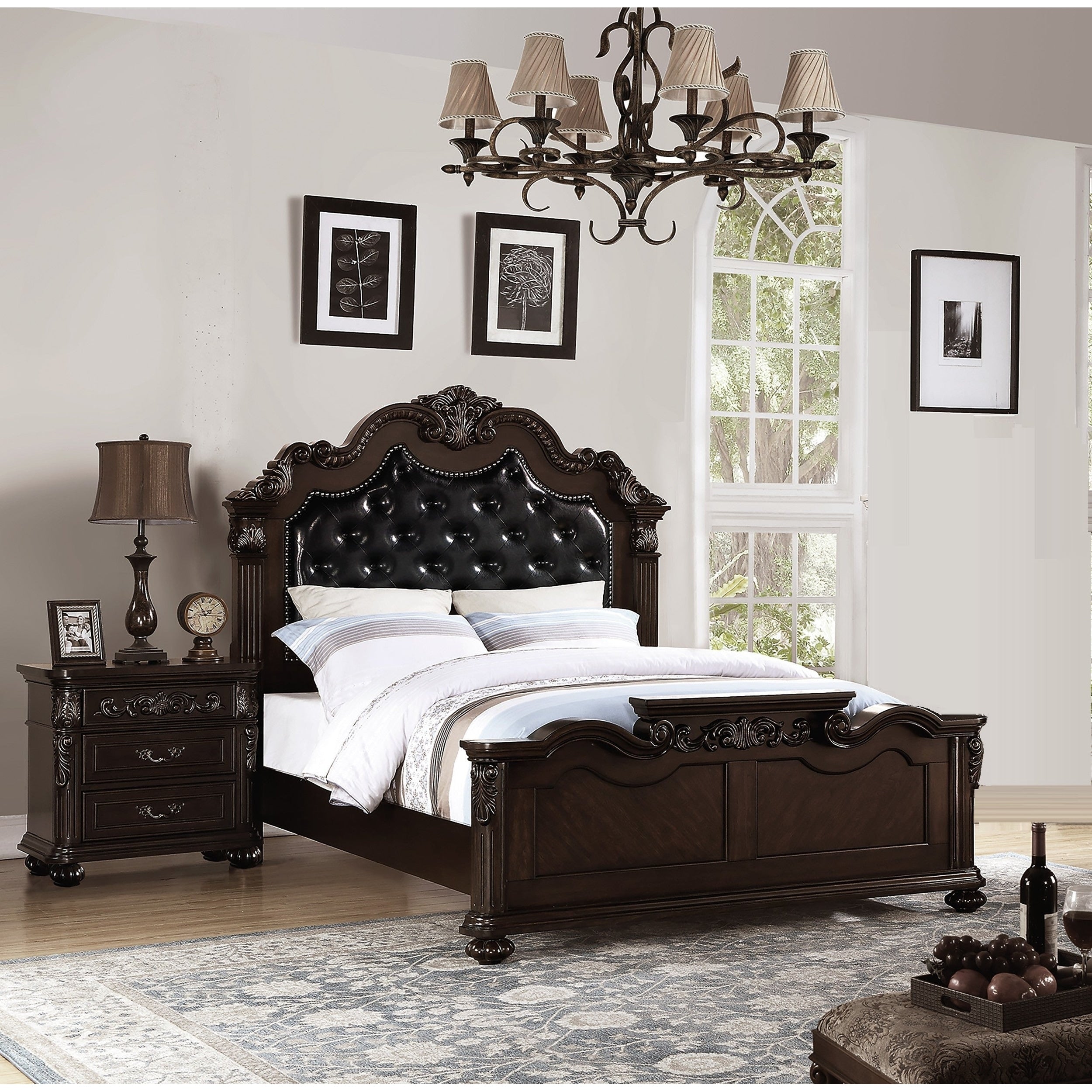 Traditional Style 3Pc Bed 2X Nightstand Set Bun Feet Pull Handles Antique Cherry Finish