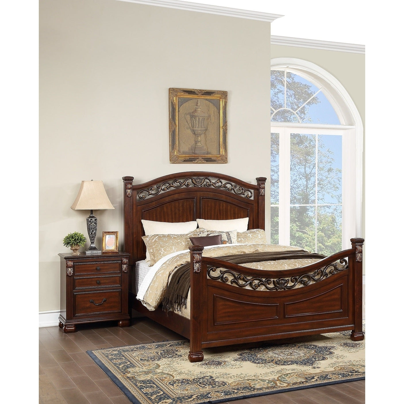 Traditional Style 3Pc Bed 2X Nightstand Set Bun Feet Round Knobs Metal Handles Dakr Cherry Finish