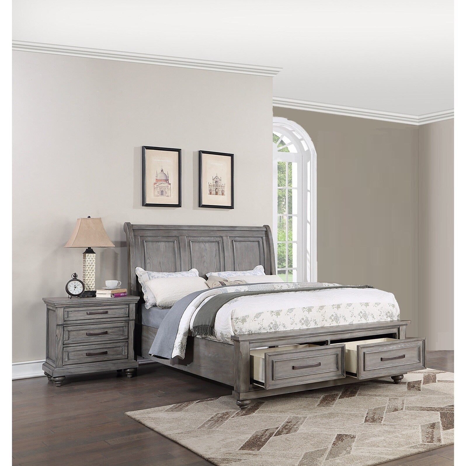 Traditional Style 3Pc Bed 2X Nightstand Set Metal Handles Bun Feet Light Gray Finish