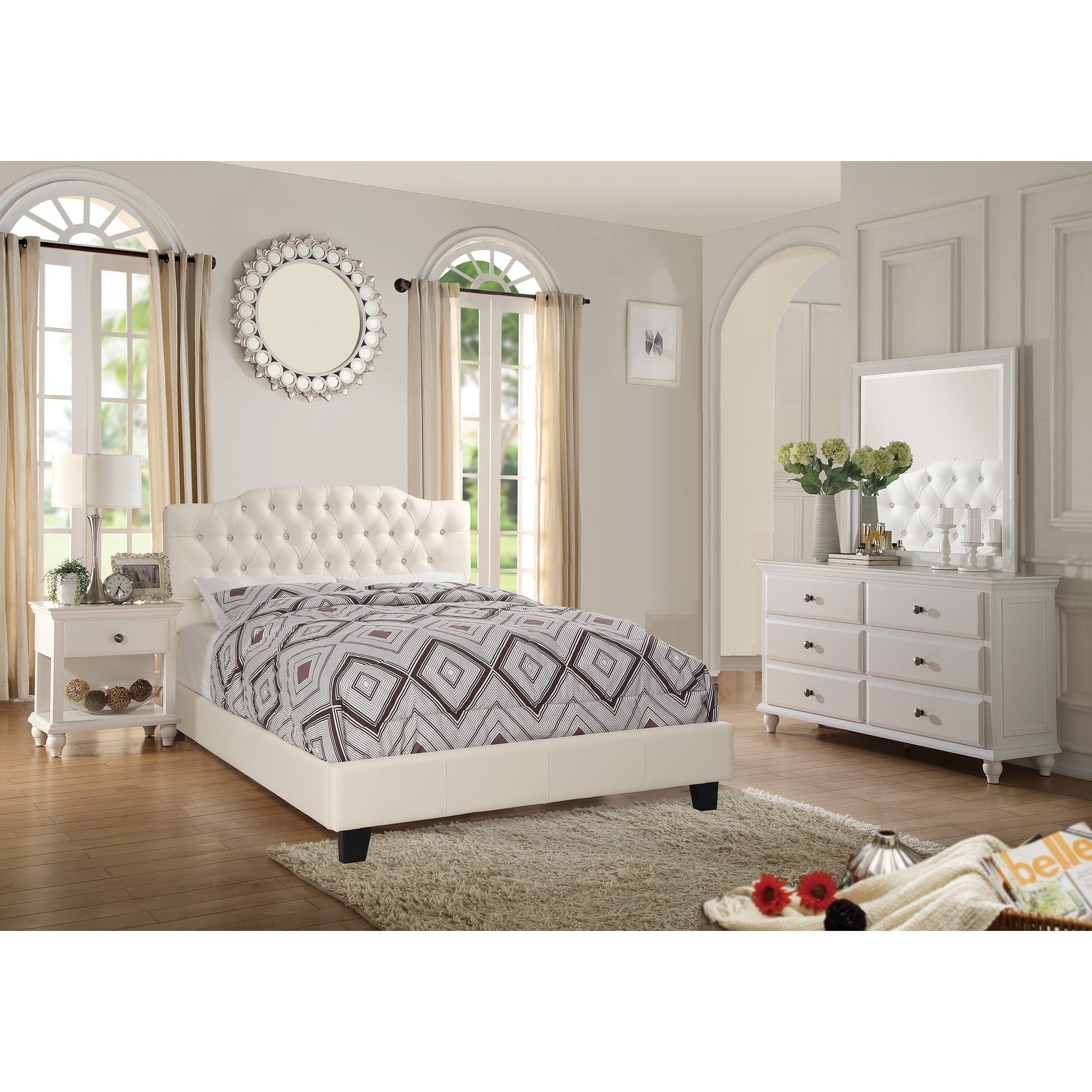 Traditional Style 4Pc Bed Dresser Mirror Nightstand Set Bun Feet Button Tufted Headboard Off White Finish Bedroom Furniture