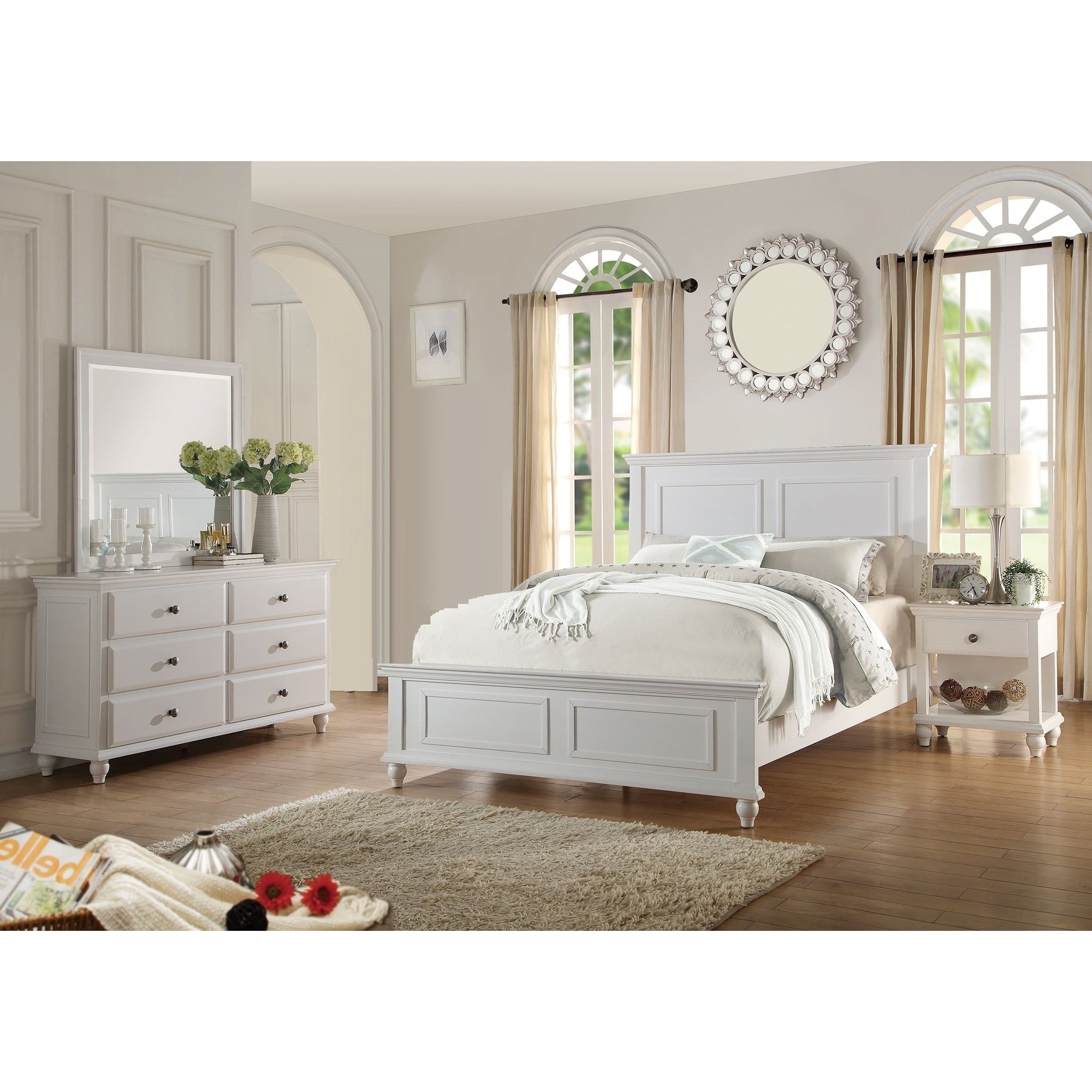Traditional Style 4Pc Bed Set Round Knobs Bun Feet White Finish Bedroom Furniture