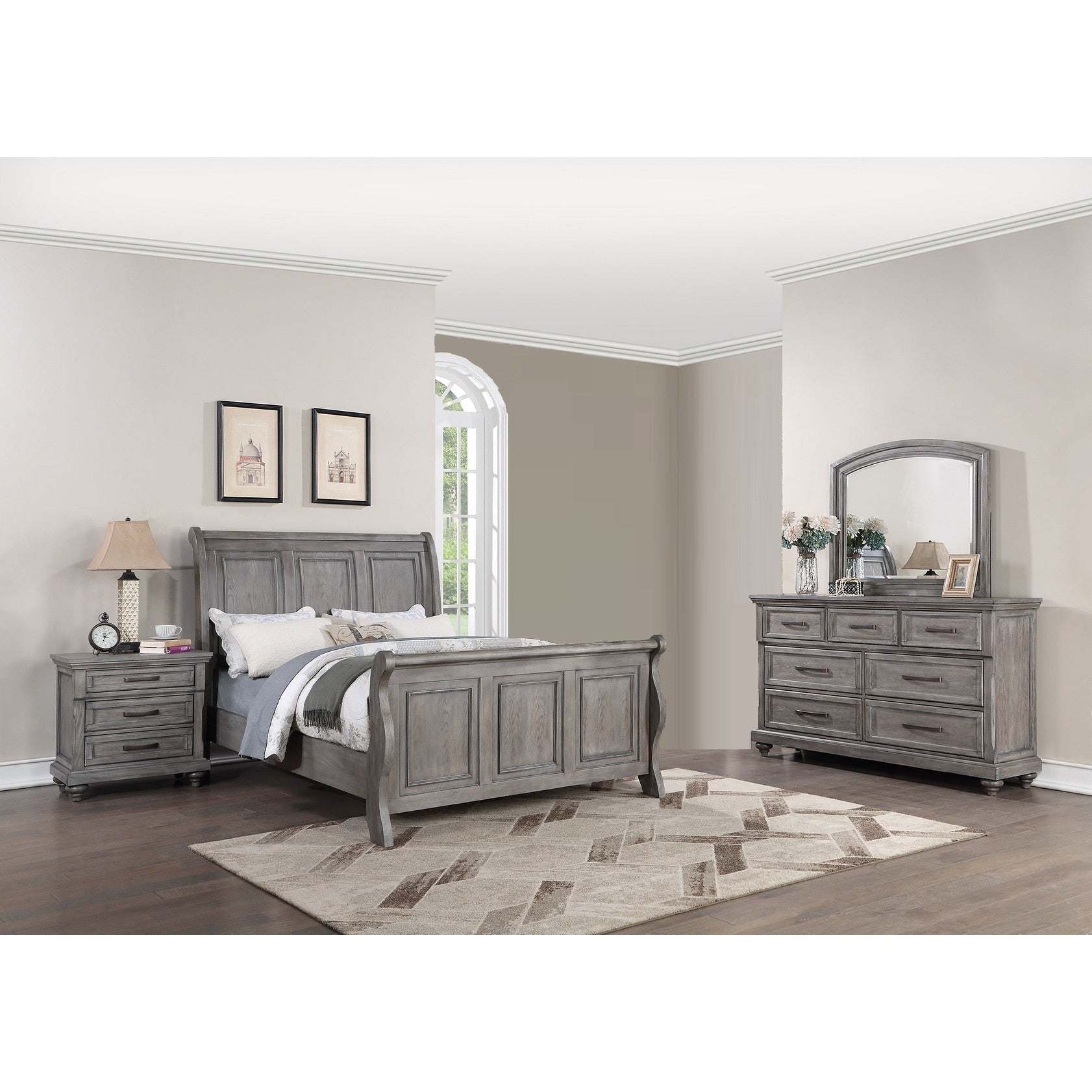 Traditional Style 4Pc Bed Set 3 Panel Headboard Light Gray Finish Bedroom Furniture