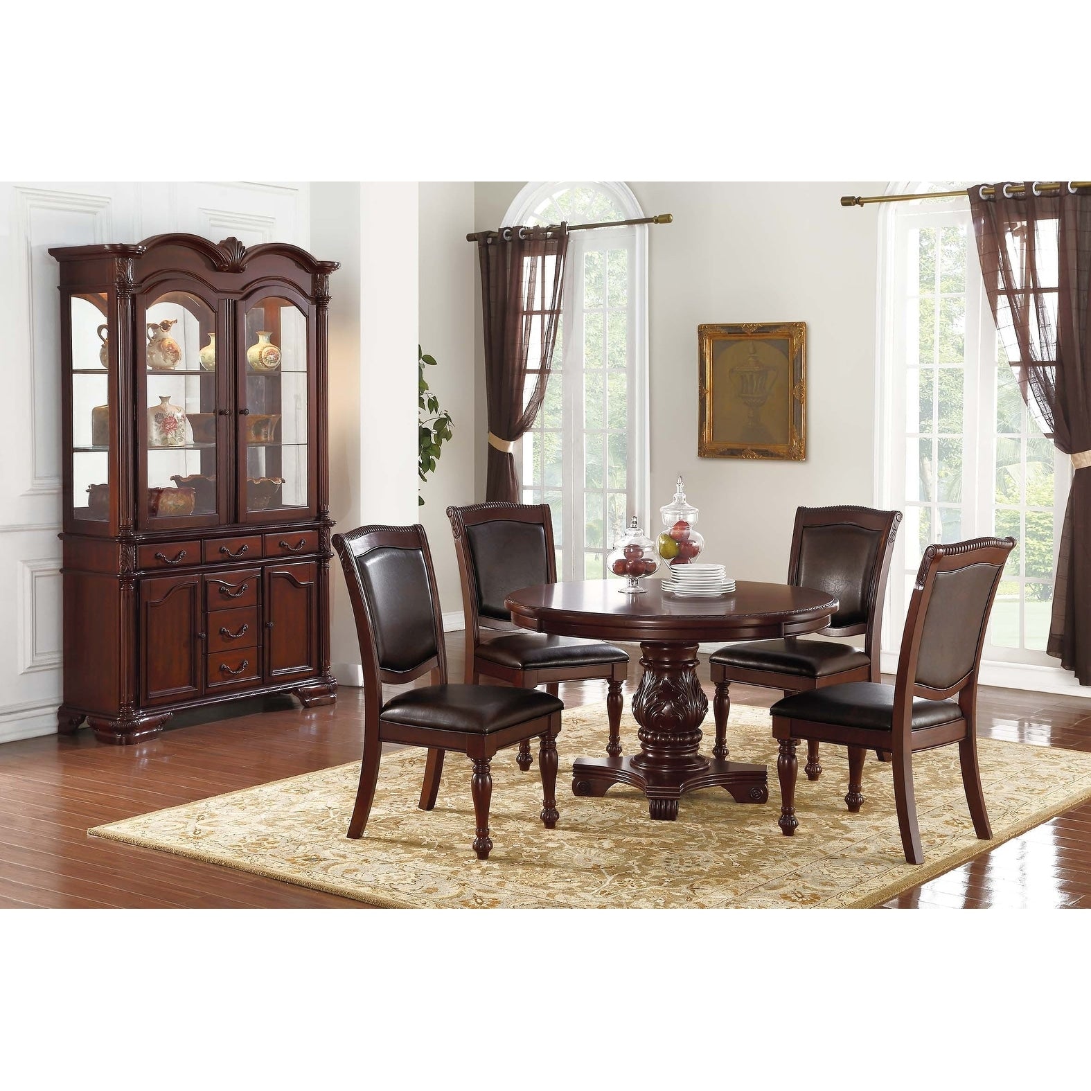 Traditional Style 5Pc Dining Set Pedestal Base Cherry Finish
