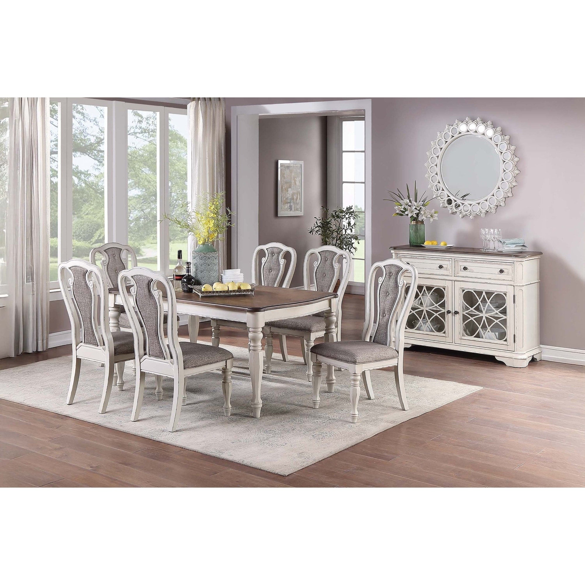 Traditional Style 7Pc Dining Set Upholstered Seat Antique White Finish