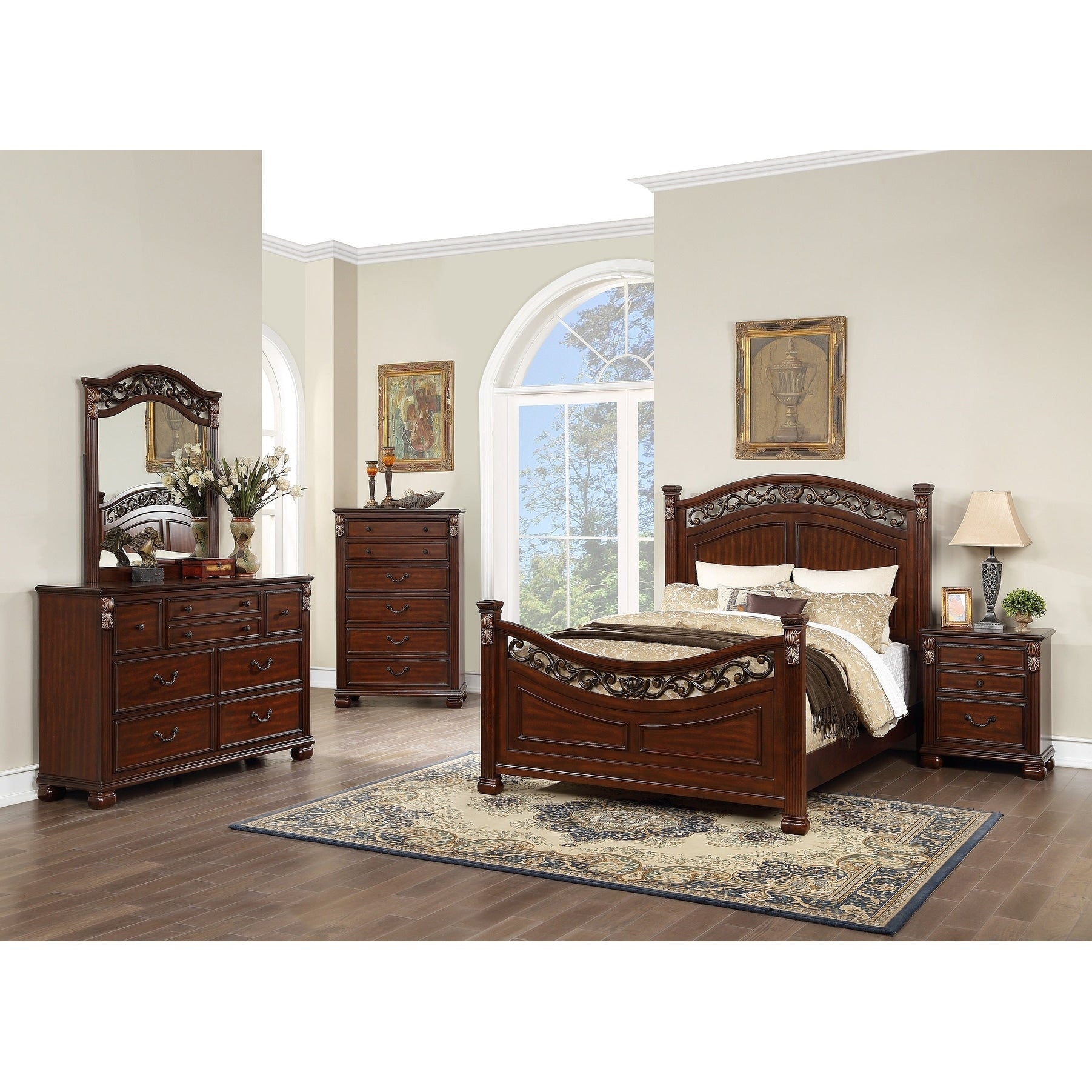 Traditional Style Bed Set Carved Detail Round Knobs Dark Cherry Finish