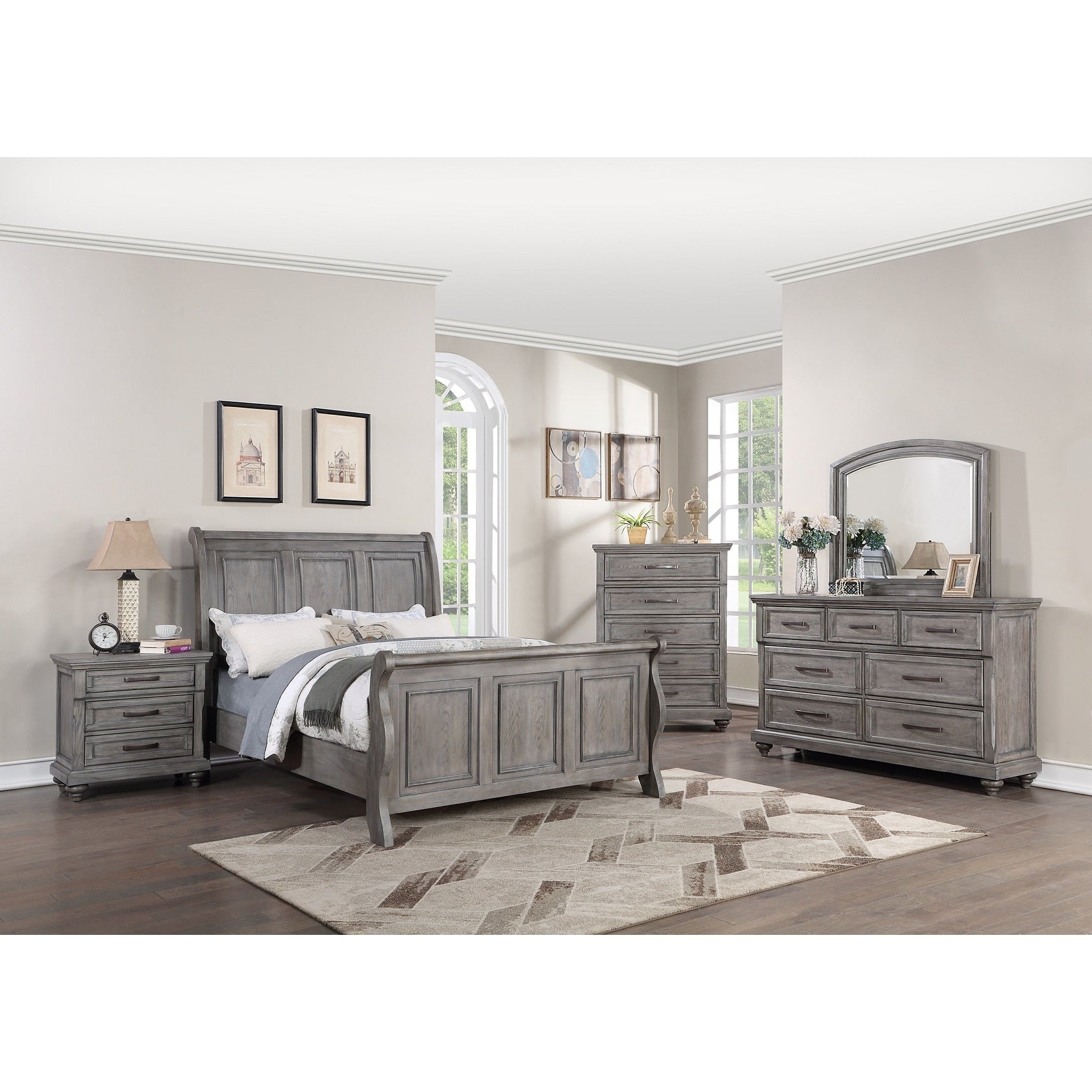 Traditional Style Bed Set Metal Handles Bun Feet Light Gray Finish