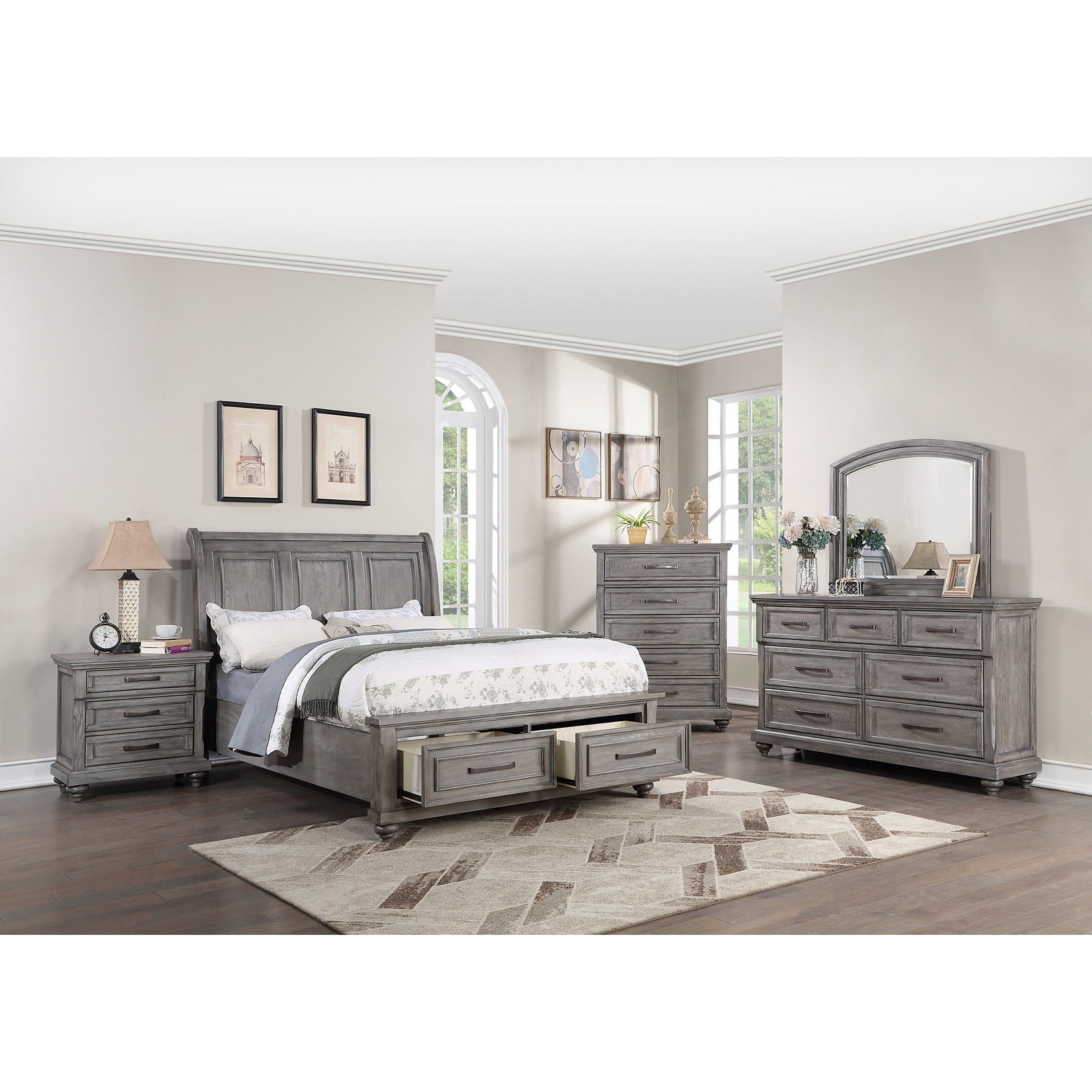 Traditional Style Bed Set Underbed Drawers Light Gray Finish Bedroom Furniture