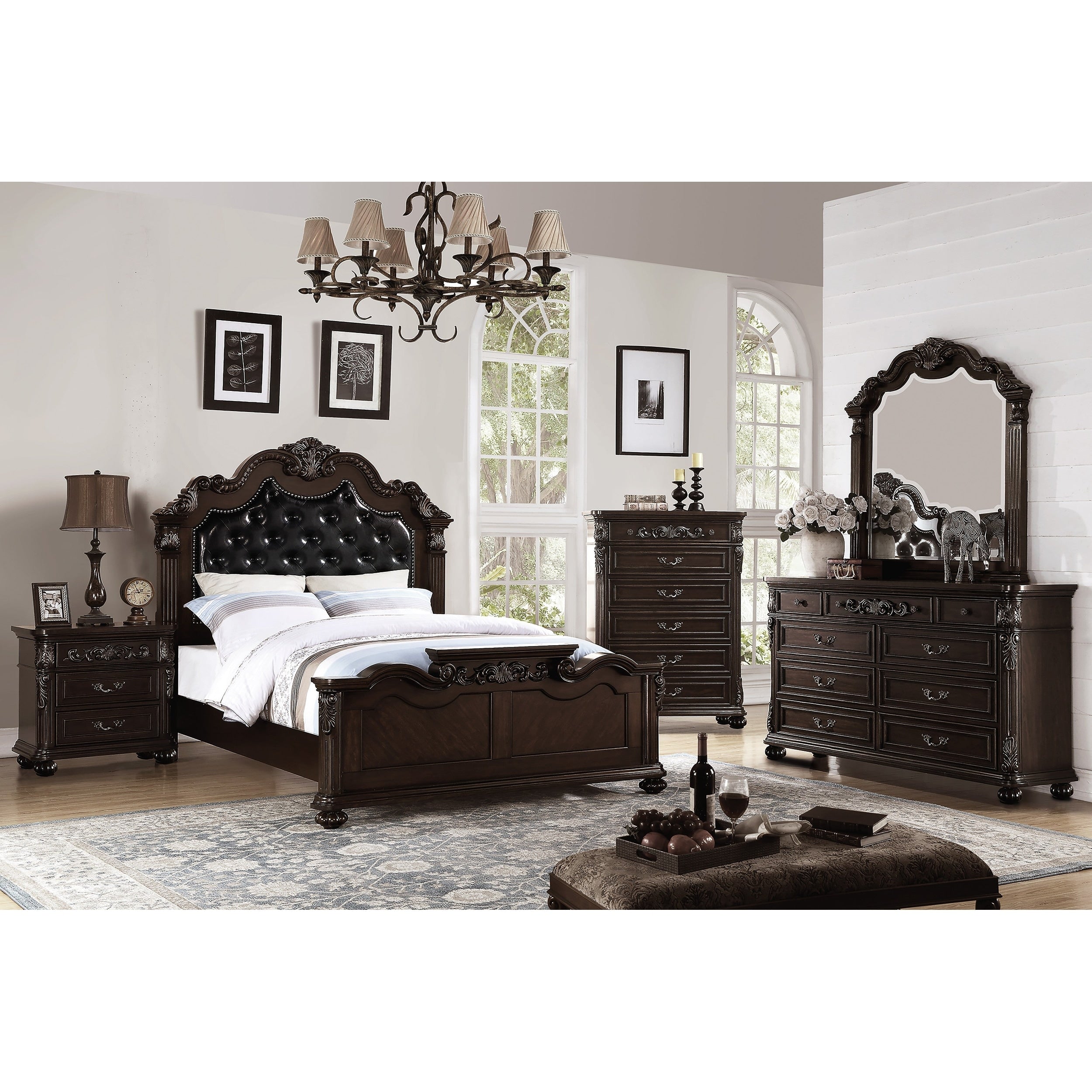 Traditional Style Bed Set Upholstered Headboard Nailhead Trim Antique Cherry
