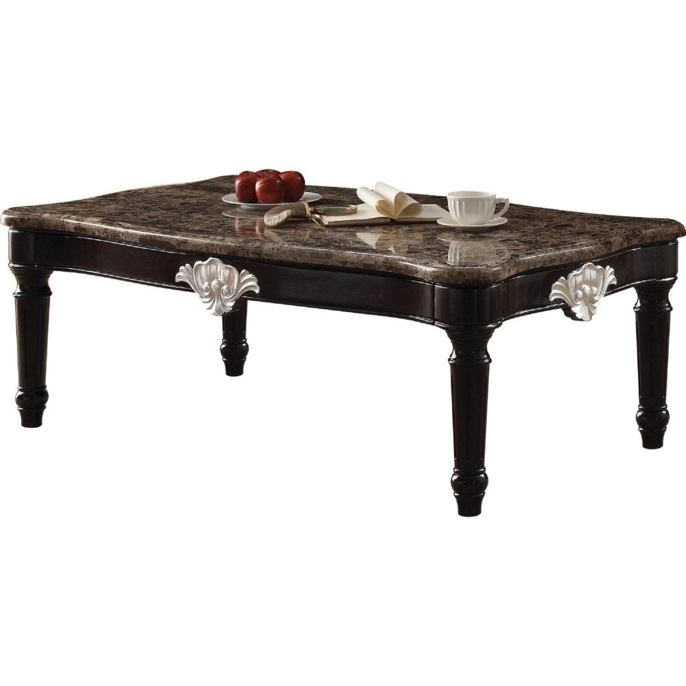 Traditional Style Rectangular Marble And Wood Coffee Table Brown