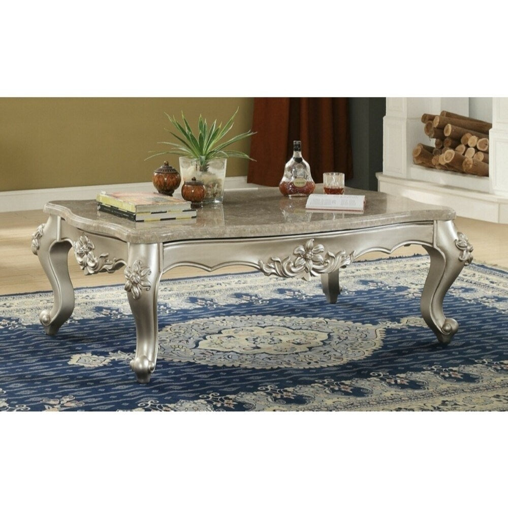 Traditional Style Rectangular Wood And Marble Coffee Table Silver