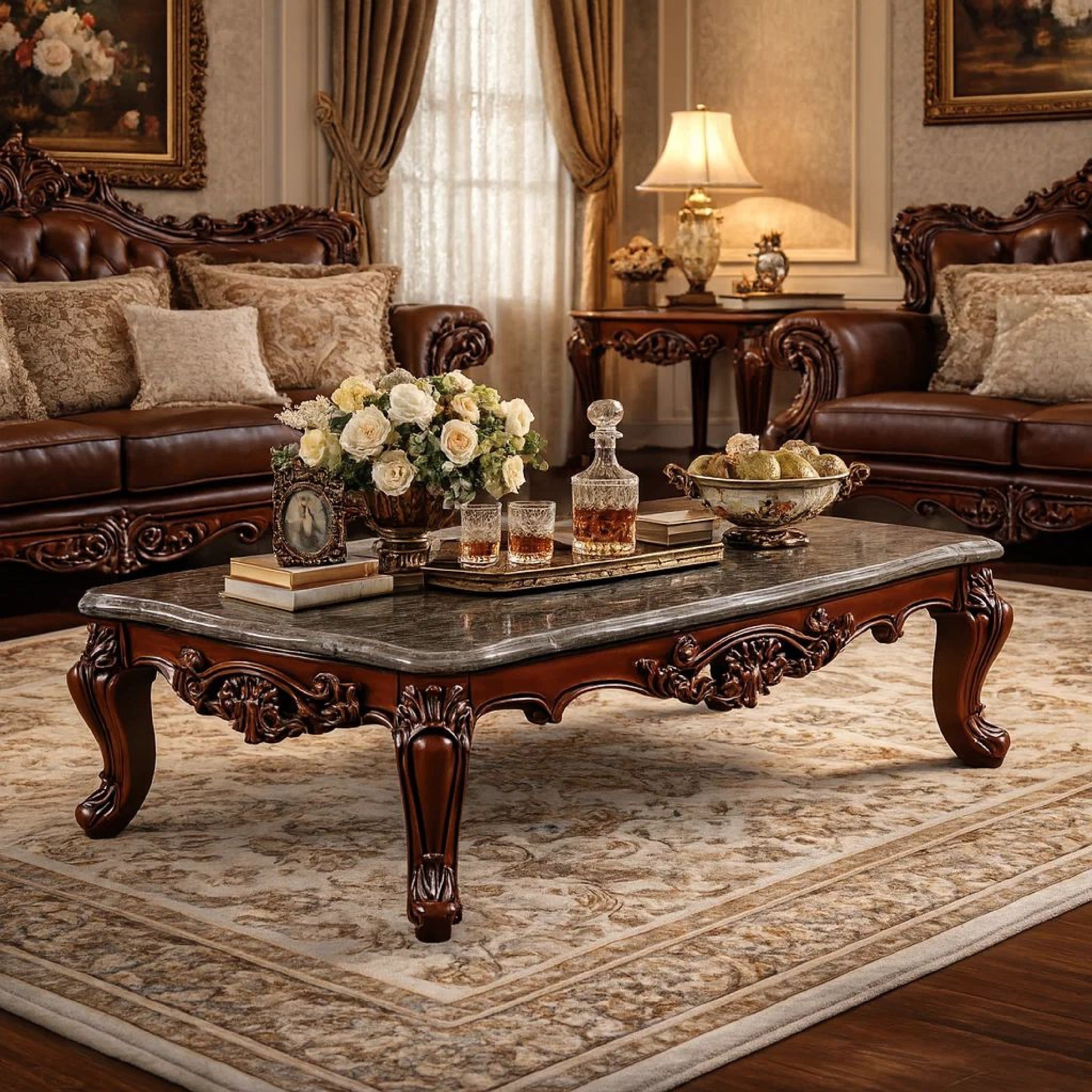Traditional Style Rectangular Walnut Brown Wood And Marble Coffee Table