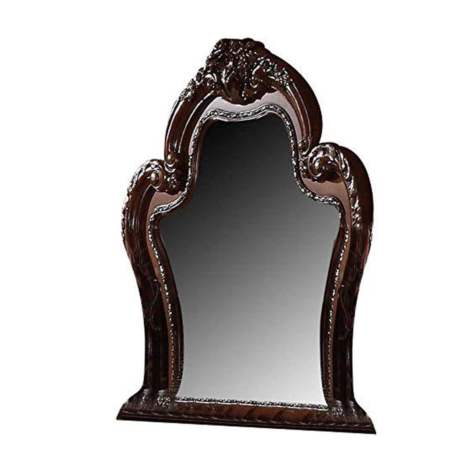 Traditional Wooden Mirror With Oversized Polyresin Scrollwork Brown