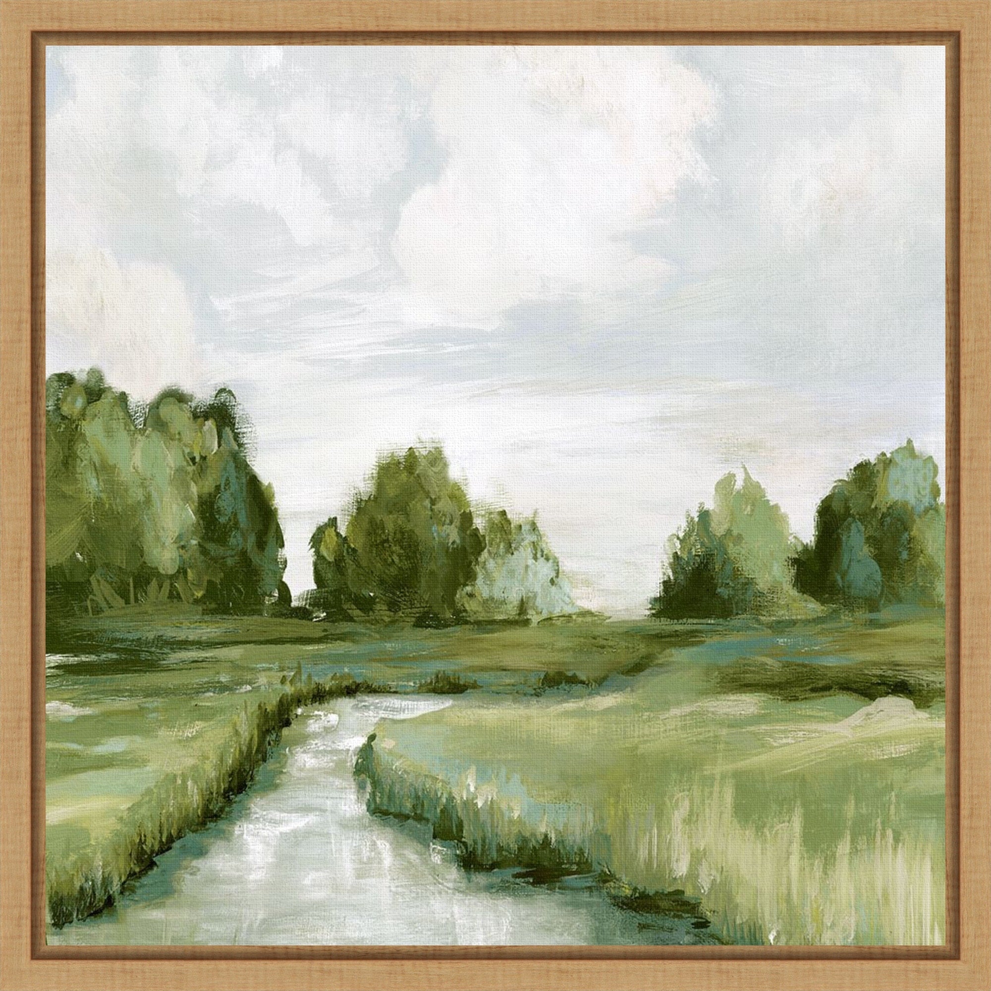 Tranquil Stream In Green Fields By Pi Studio Framed Canvas Wall Art Print