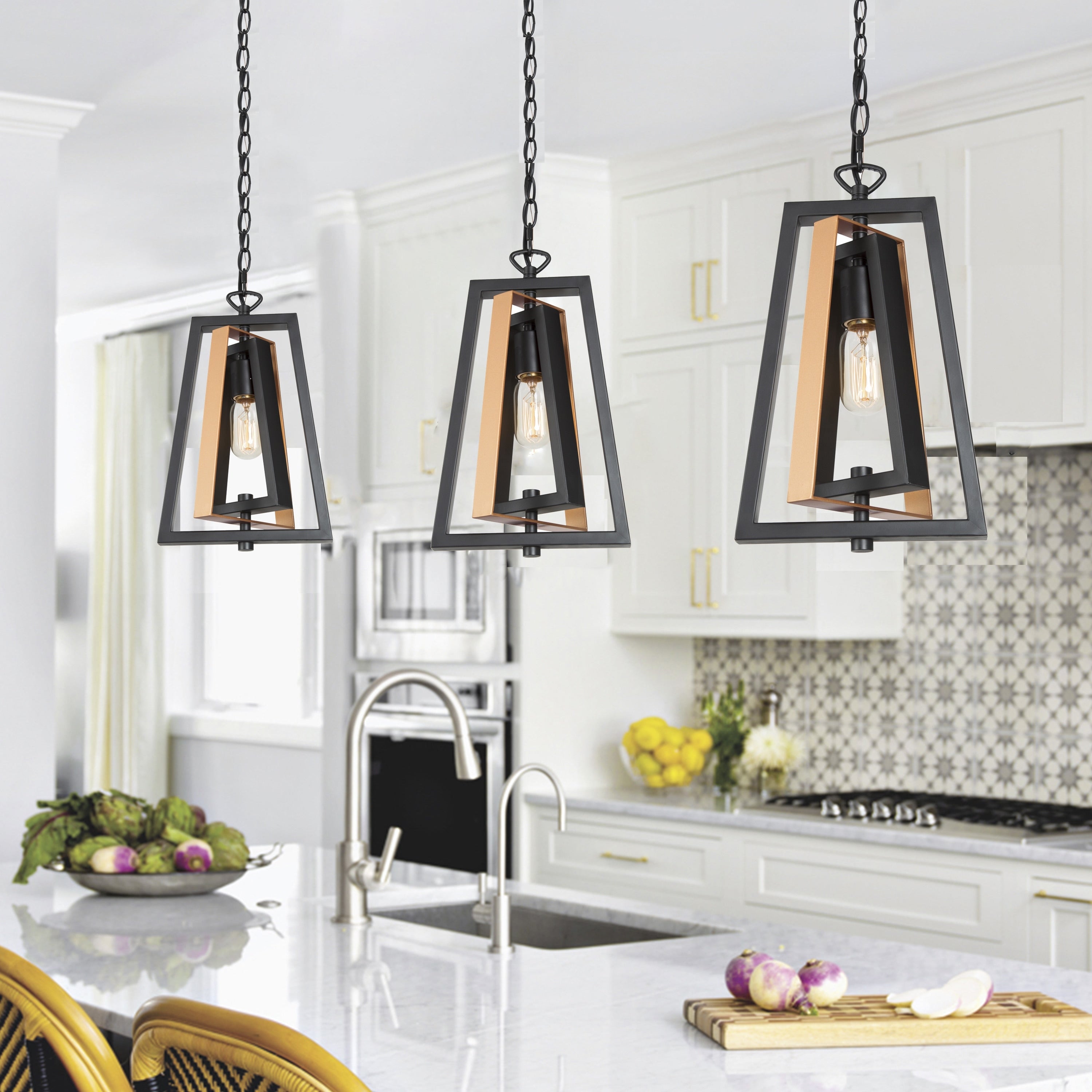 Modern Industrial 1 Light Black Gold Geometric Metal Kitchen Pendant Lighting L8.7 Xw6.5 Xh14.5