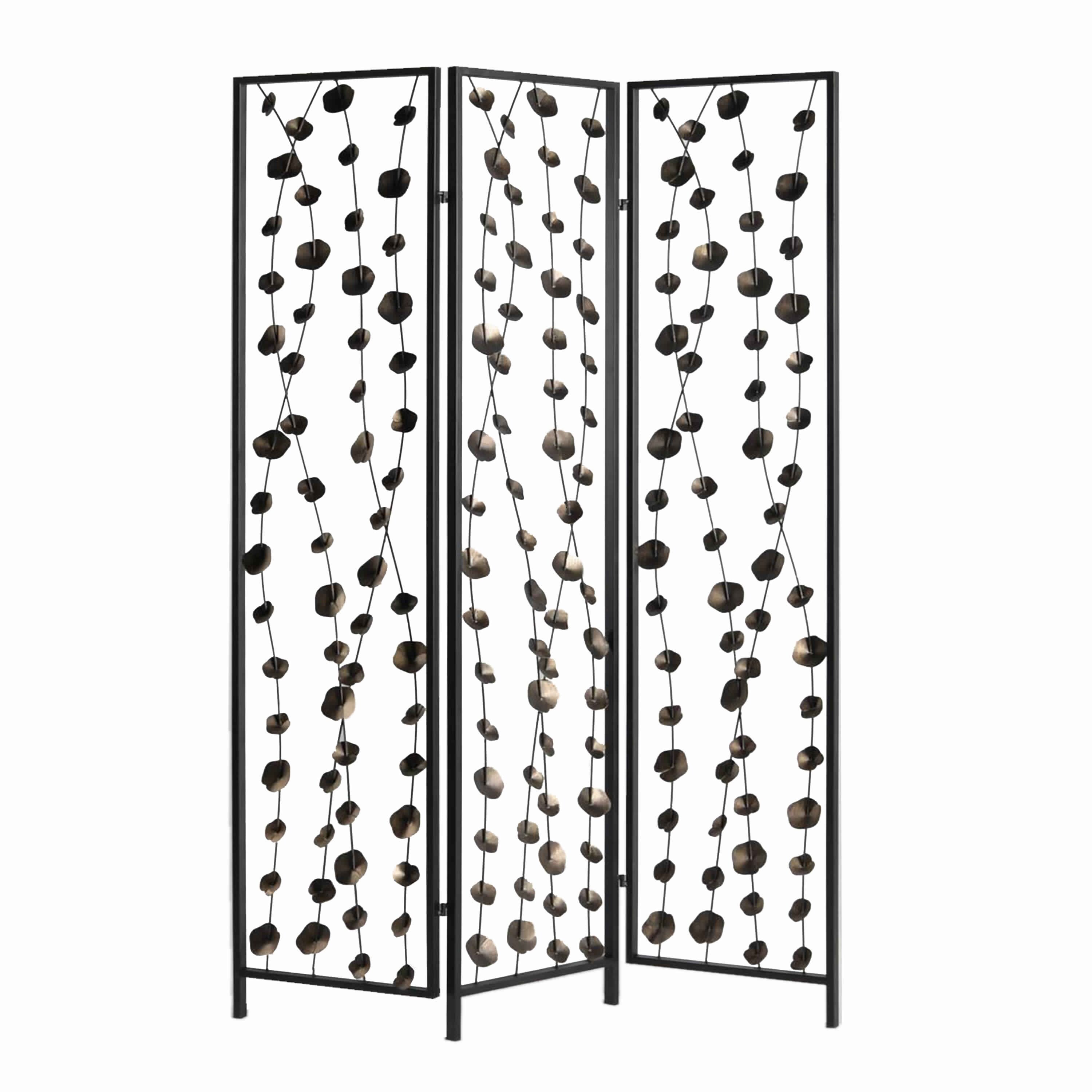 Transitional 3 Panel Metal Screen With Intricate Flower Design Black