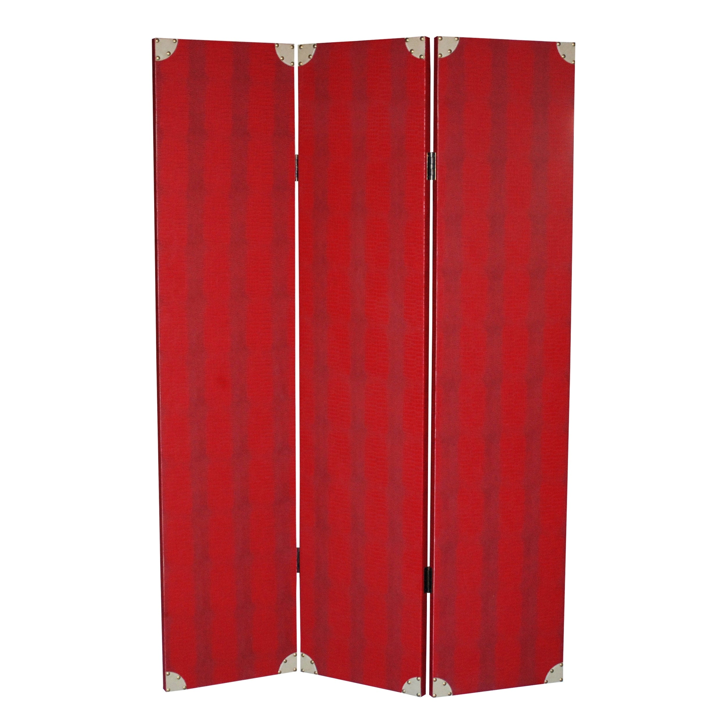Transitional 3 Panel Wooden Screen With Nailhead Trim Red