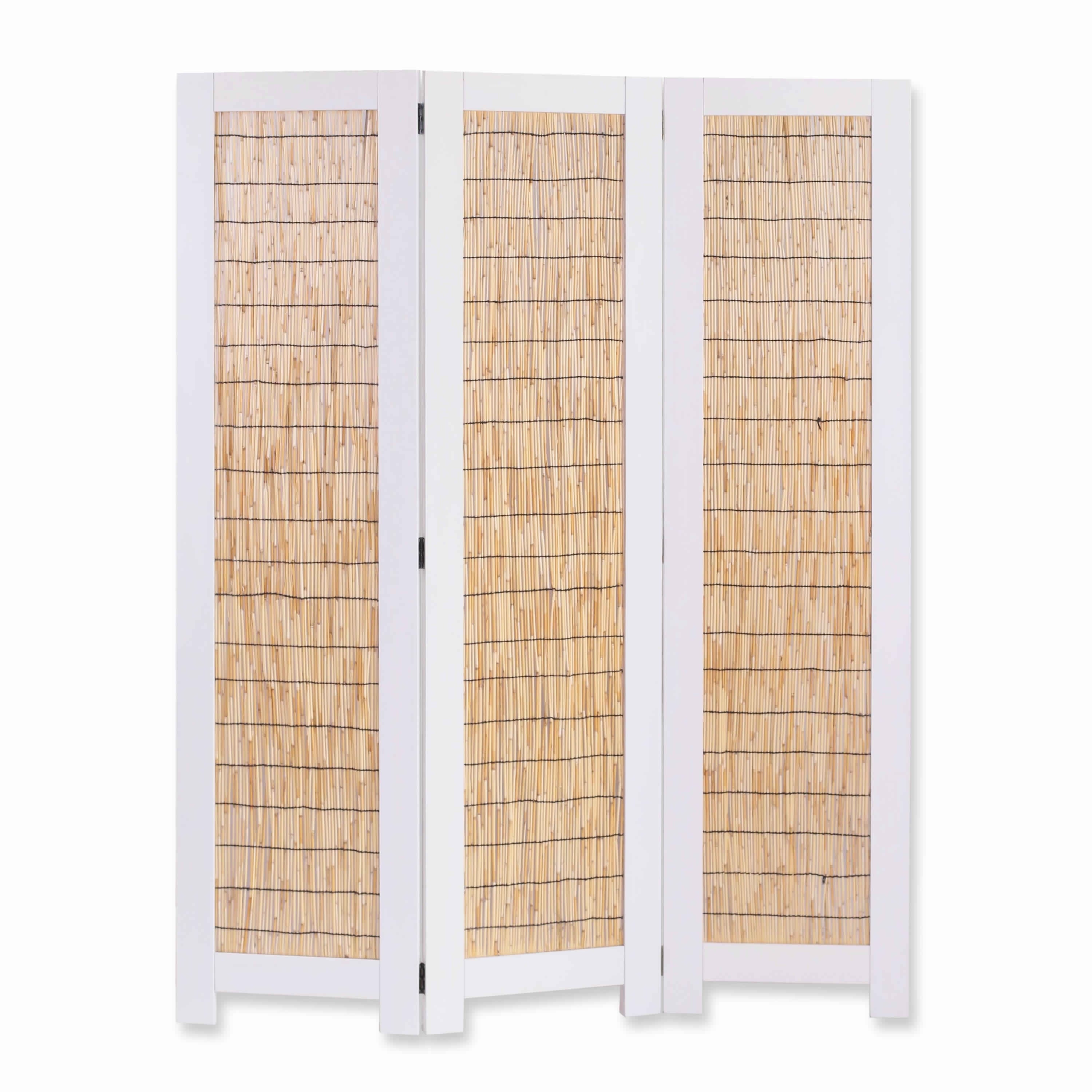 Transitional 3 Panel Wooden Screen With Wicker Paneling White And Brown