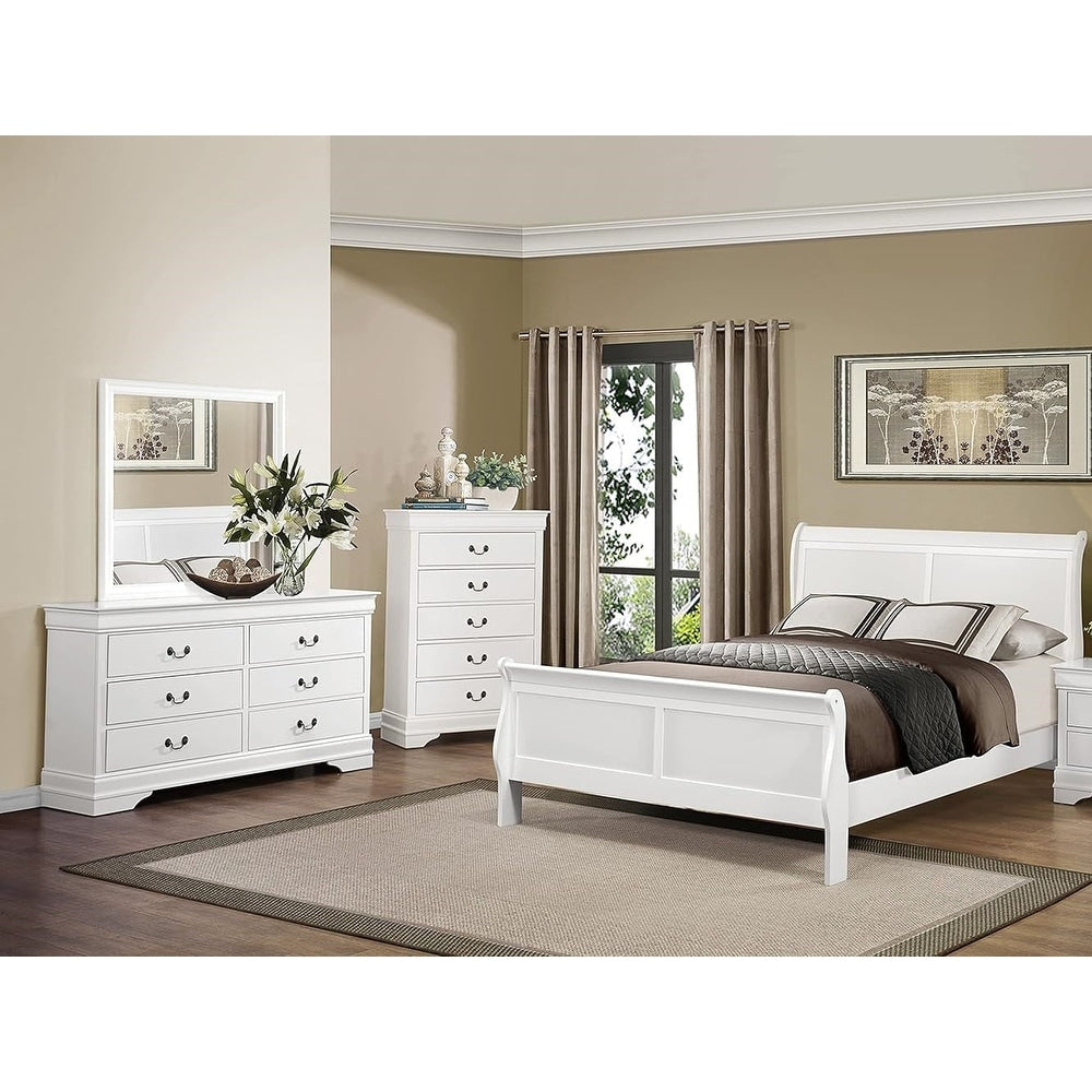 Transitional 4Pc Bed Chest Dresser Mirror White Bedroom Set