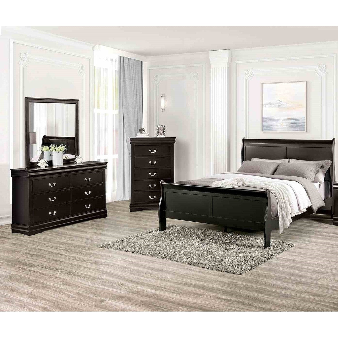 Transitional Black Bed Dresser Mirror Chest 4Pc Bedroom Set