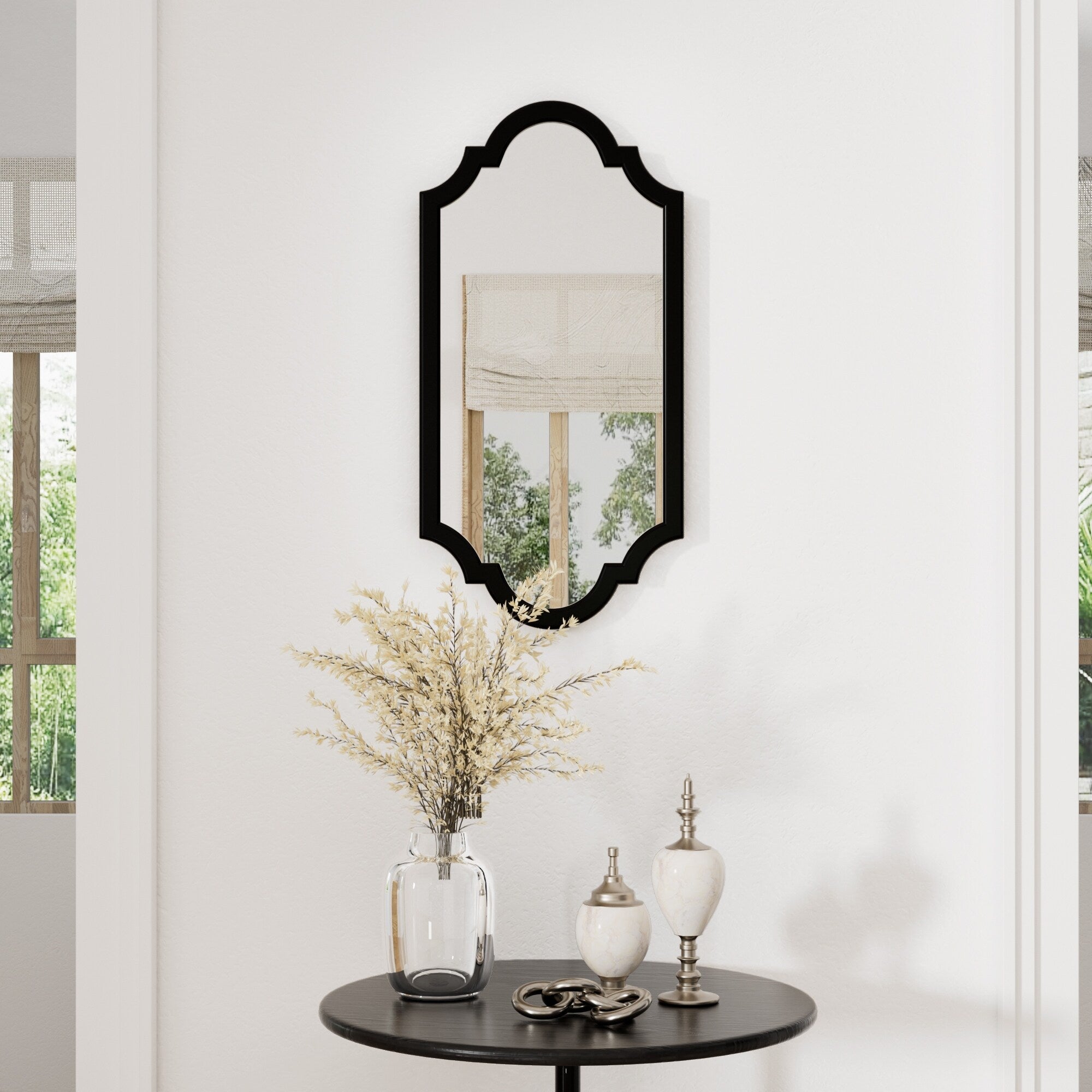 Transitional Black Scalloped Wood Frame Accent Wall Mirror