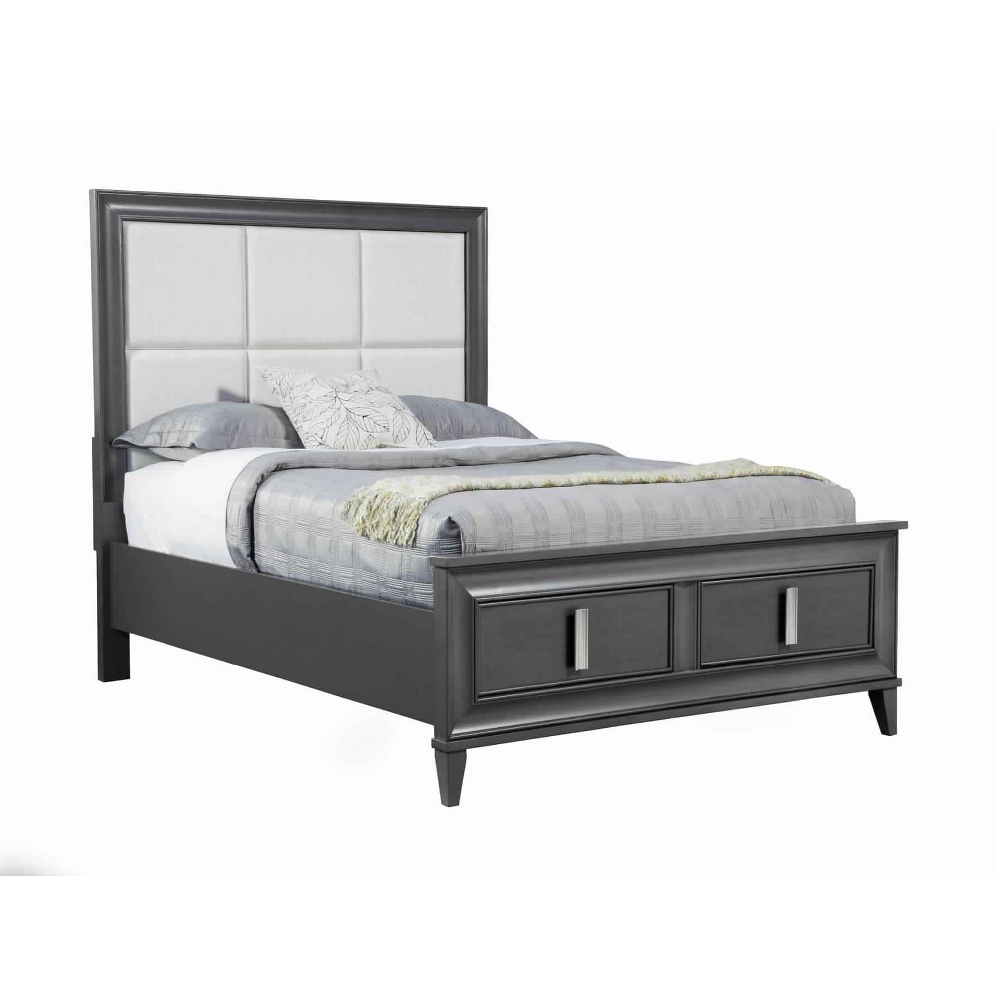 Transitional California King Storage Bed With Fabric Headboard Gray And Cream