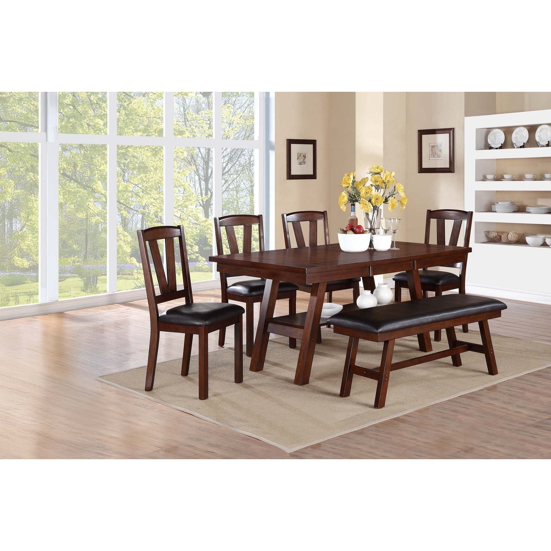 Transitional Dining Table Set 6Pc Under Table Shelf Walnut Finish