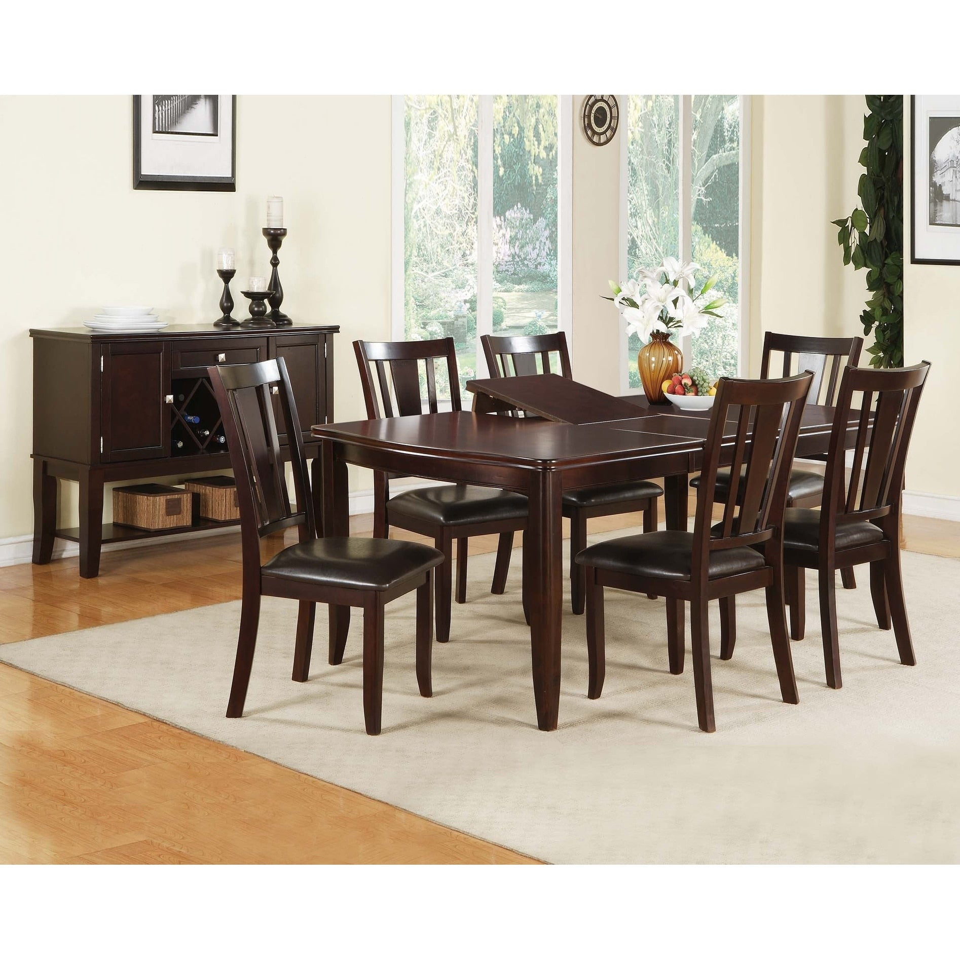 Transitional Dining Table Set 7Pc Built In Leaf Espresso Finish
