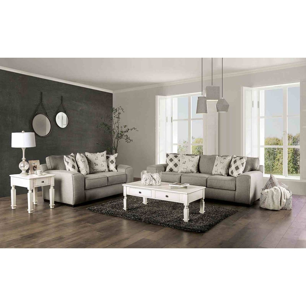Transitional Gray Finish 2Pc Reversible Back Pillow Seat Cushions Sofa Living Room Set