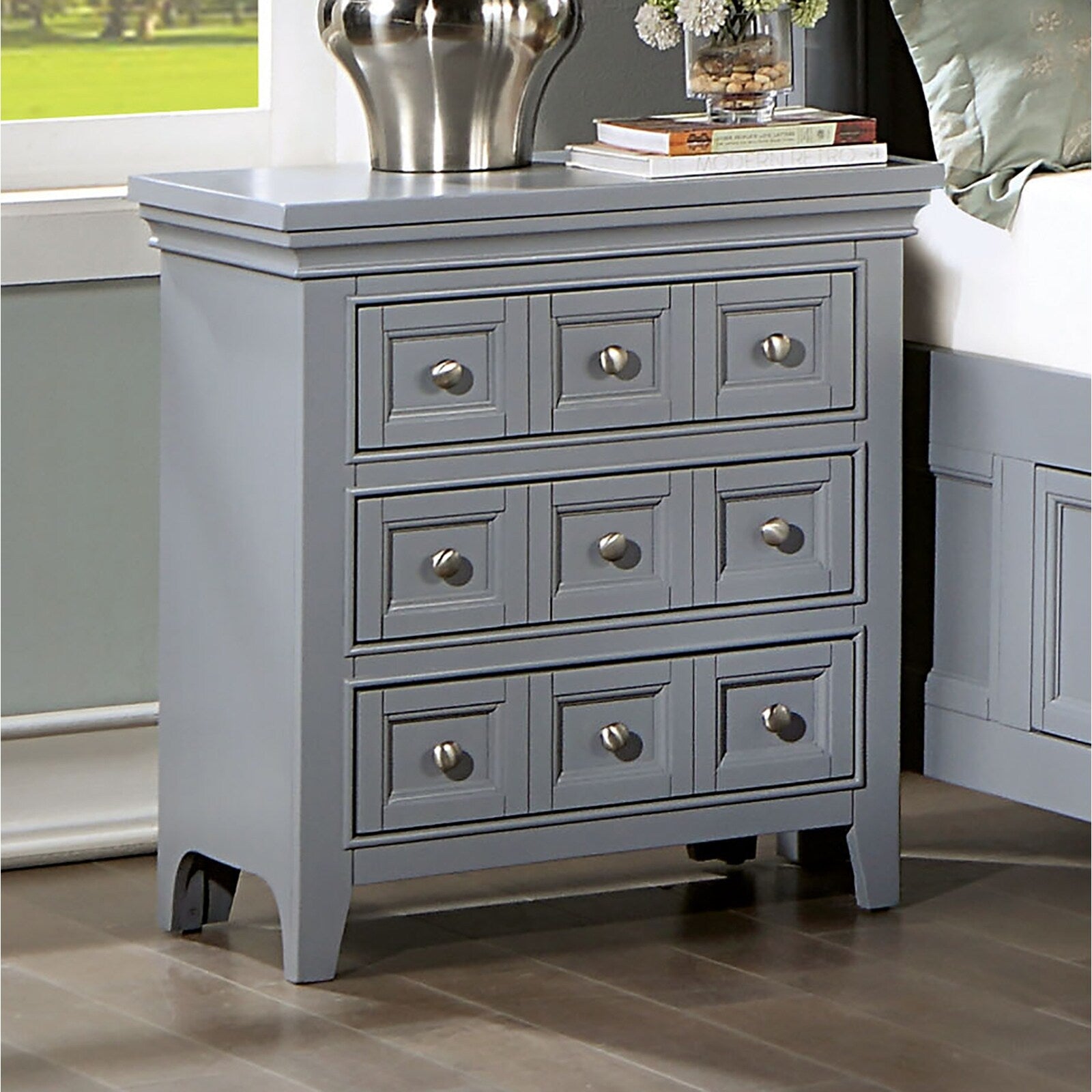 Transitional Gray Solid Wood 3 Drawer Nightstand W Round Knobs For Bedroom