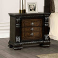Transitional Nightstand With Usb Port Espresso Finish Ornate Silver Brushed Molding